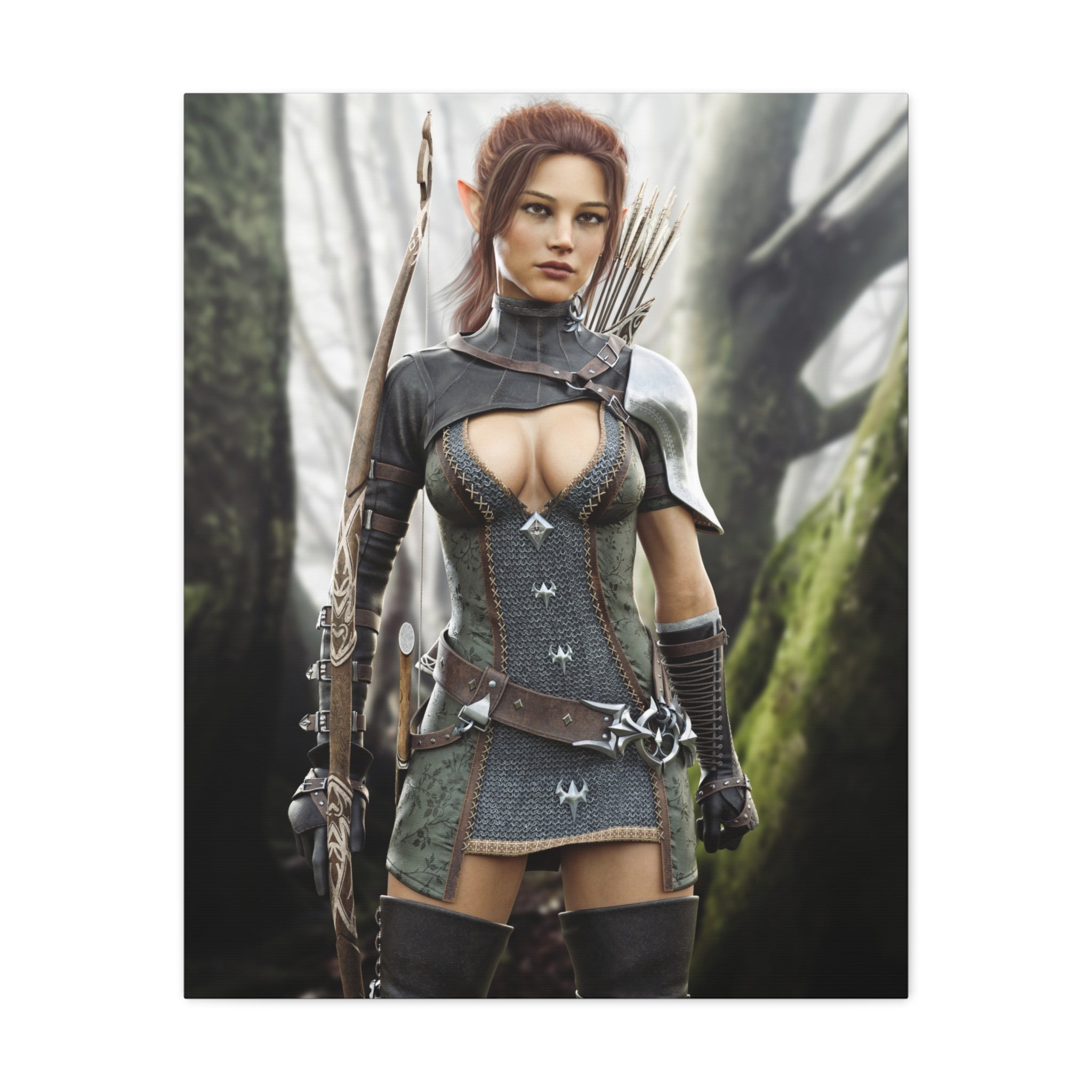 Fantasy Wood Elf Archer Warrior Canvas Print — Matte Stretched Wall Art - No Ai - human created illustration art