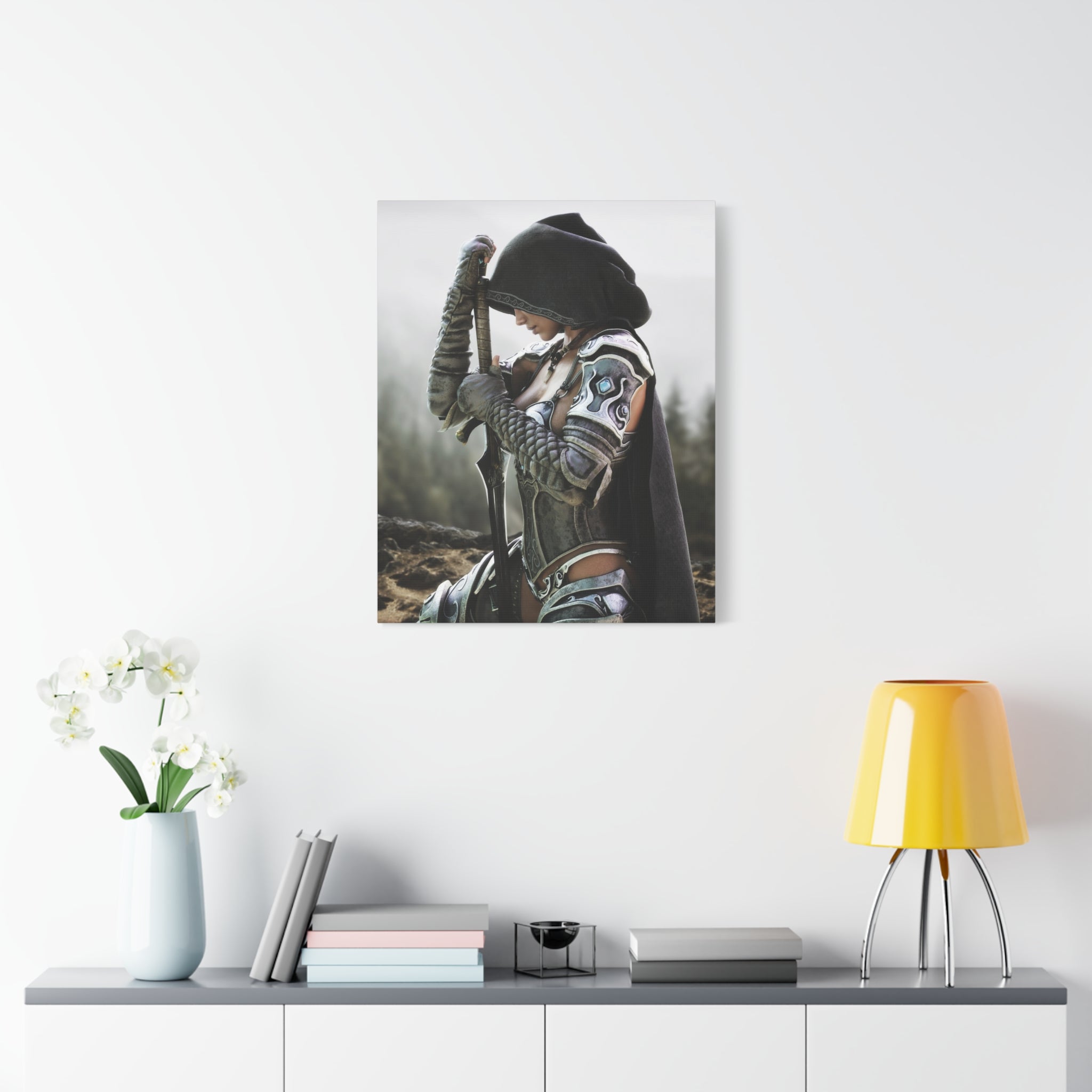 Fantasy Warrior Canvas Print — Hooded Female Knight Matte Stretched Wall Art- No AI- Human created fantasy art