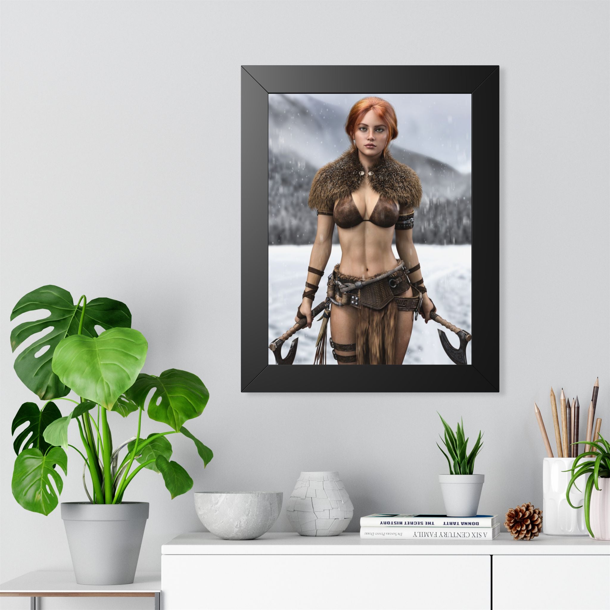 Viking Shieldmaiden Framed Poster — Redhead Warrior Art Print- No AI - Human created illustration art