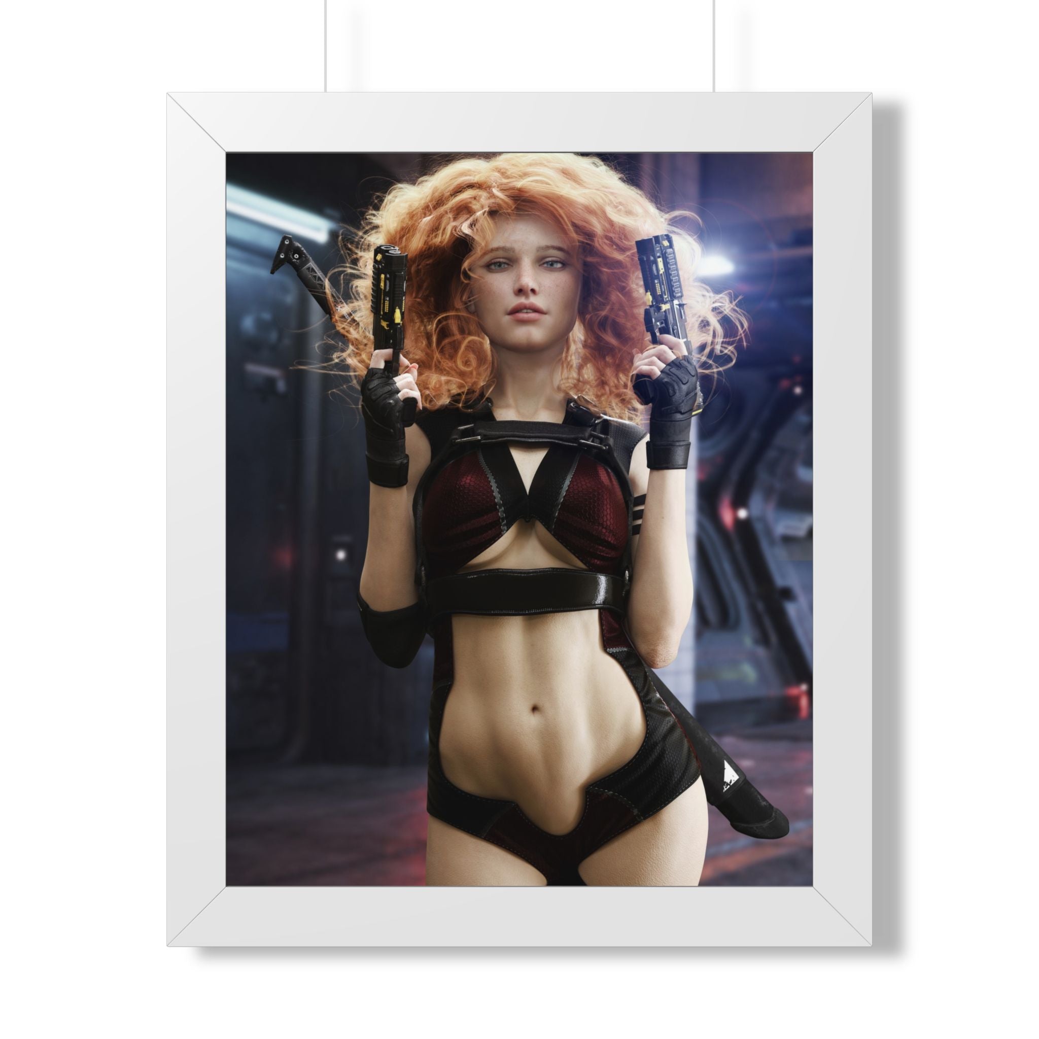 Sci‑Fi Femme Fatale Framed Poster — Cyberpunk Redhead with Dual Blasters- No AI- Human created illustration art
