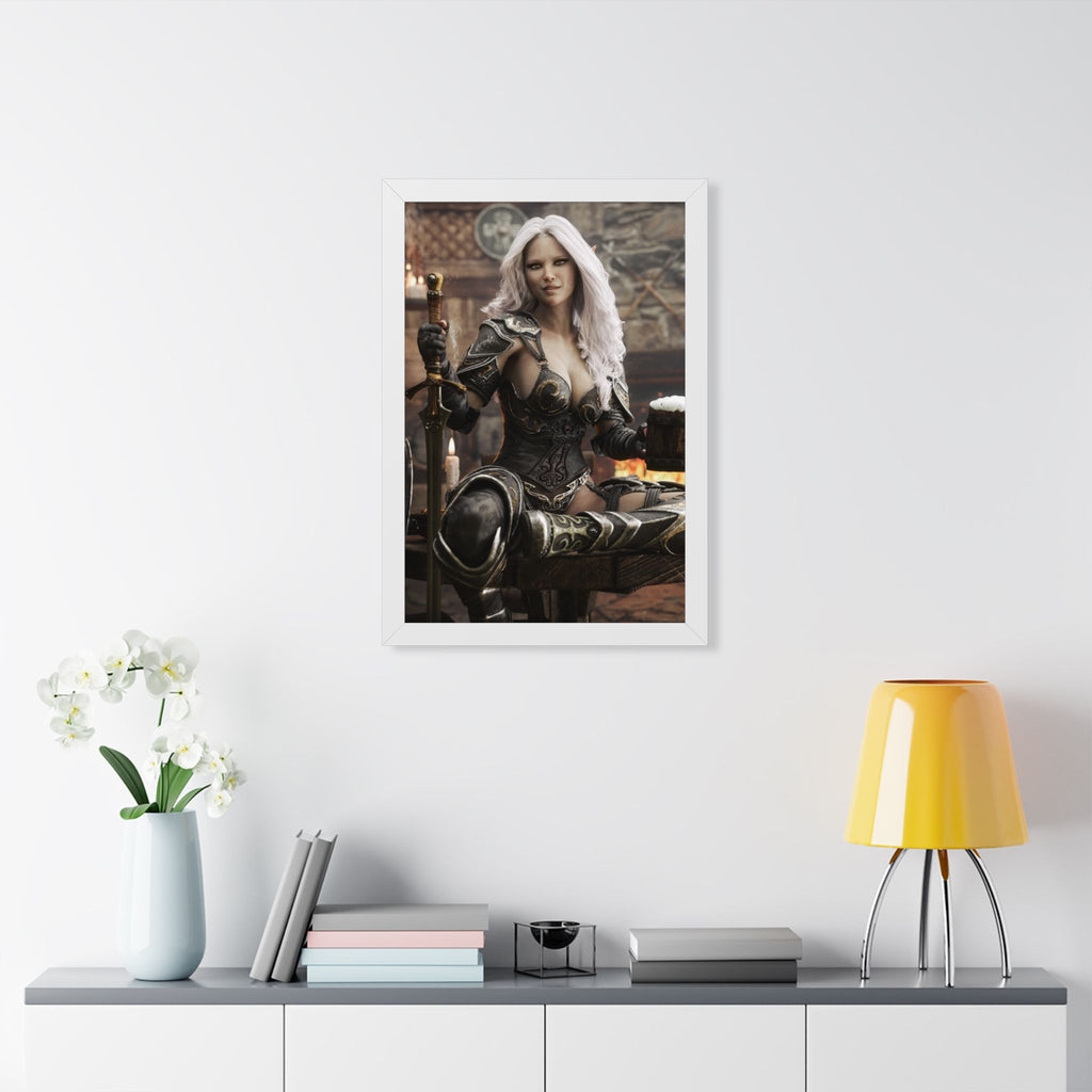 Fantasy Warrior Woman Framed Poster — Medieval Armor in Tavern Art Print- No AI- Human created illustration art