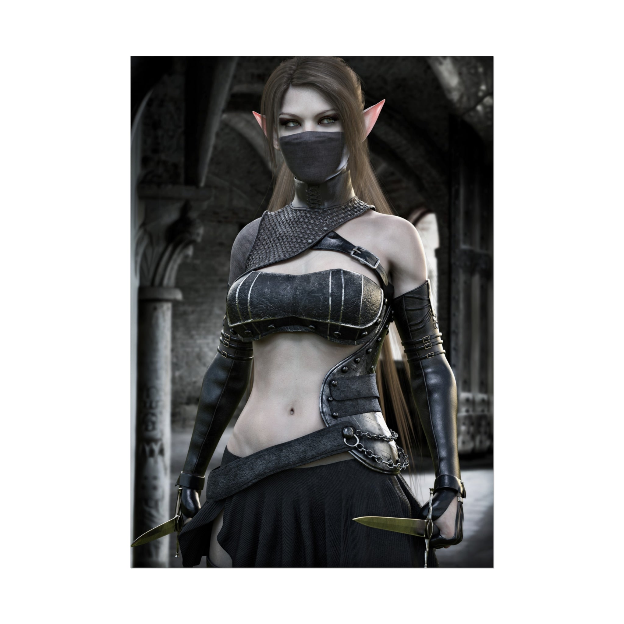 Fantasy Assassin Elf Fine Art Poster — Dark Gothic Elf Wall Art Print- NO AI -Human created illustration Art