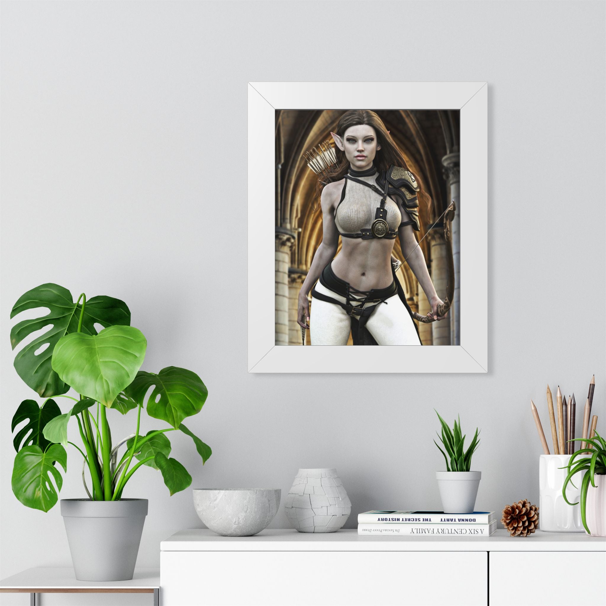 Fantasy Archer Woman Framed Poster — Elven Warrior Vertical Wall Art- No AI - Human created illustration art
