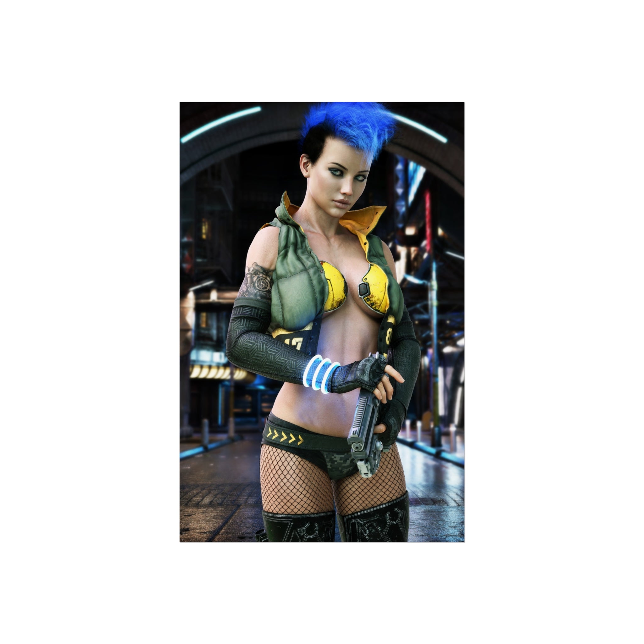 Cyberpunk Femme Fatale Fine Art Poster — Neon Future Sci‑Fi Wall Art- No AI- Human created illustration art