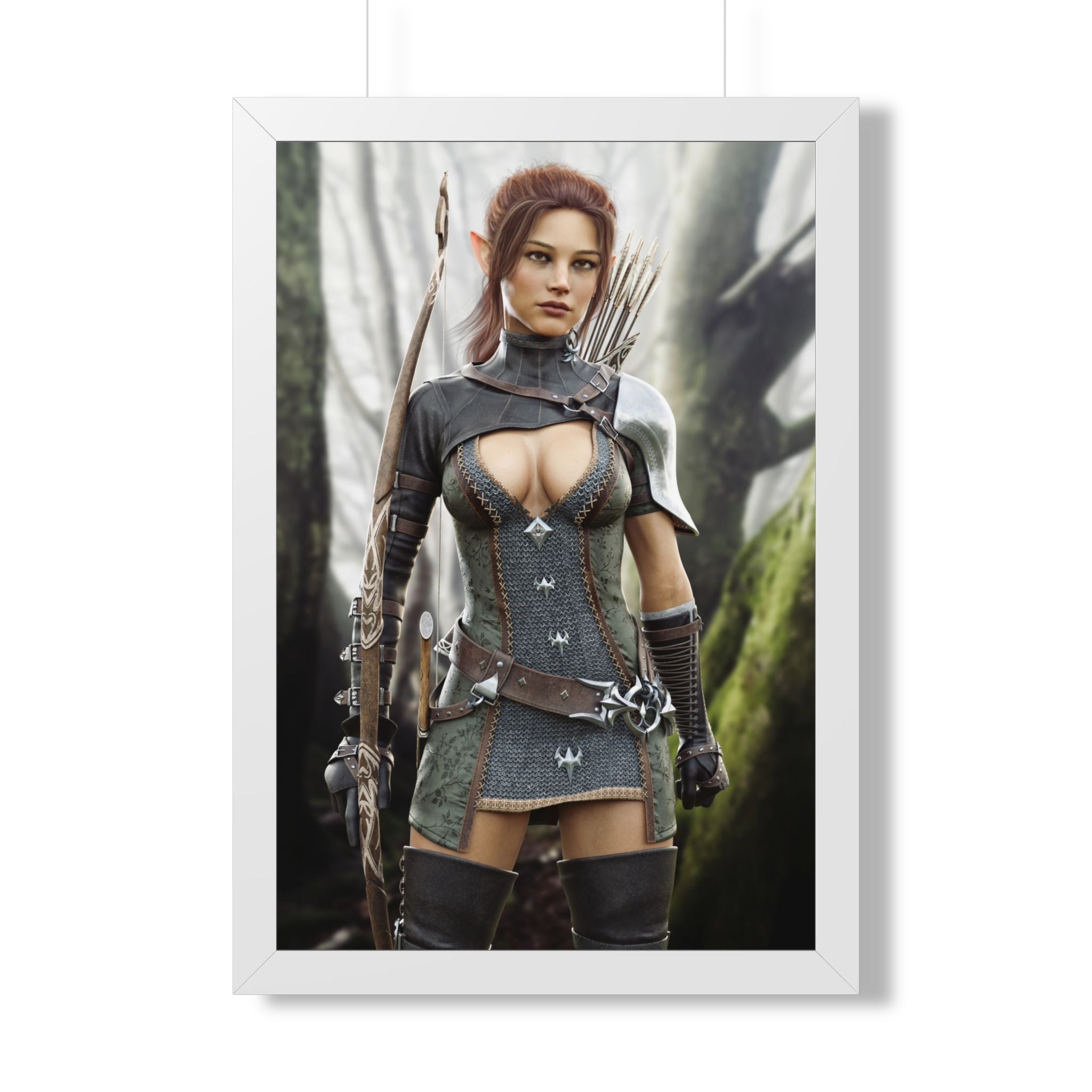 Fantasy Wood Elf Archer Framed Poster — Female Ranger Wall Art - No AI human created illustration art