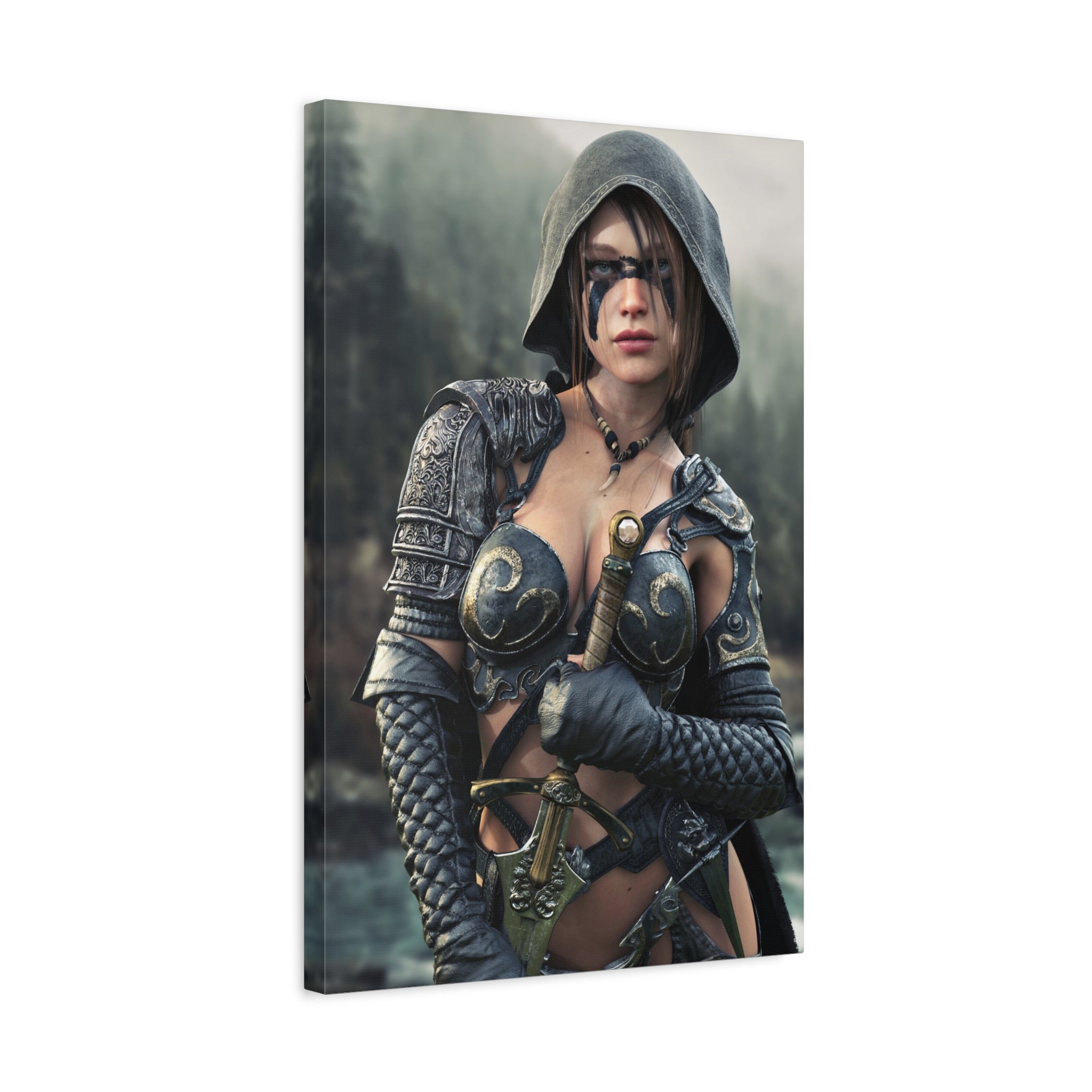 Fantasy ranger wall art featuring a hooded female warrior with face paint, ornate armor, and sword against a misty forest backdrop for fantasy decor.
