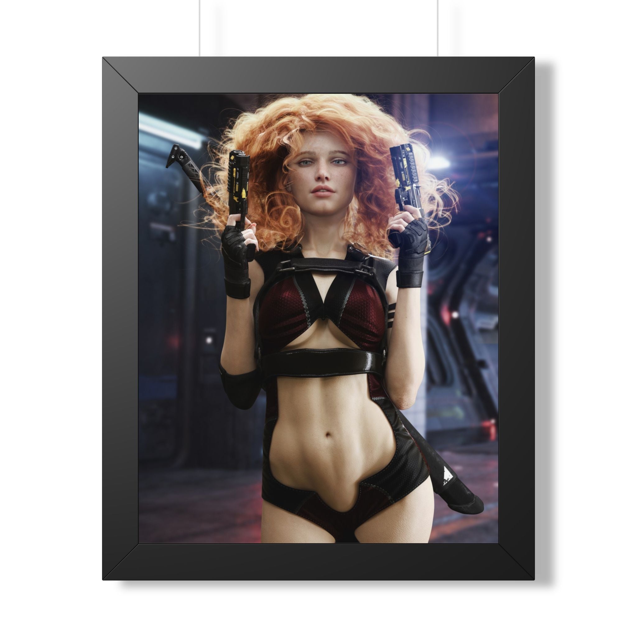 Sci‑Fi Femme Fatale Framed Poster — Cyberpunk Redhead with Dual Blasters- No AI- Human created illustration art