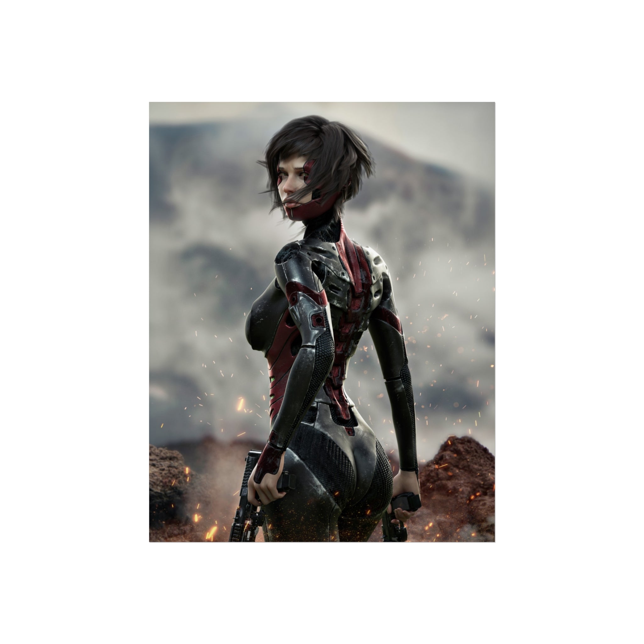 Sci‑Fi Warrior Fine Art Poster — Cybernetic Female Soldier Wall Art- No AI - Human created illustration art