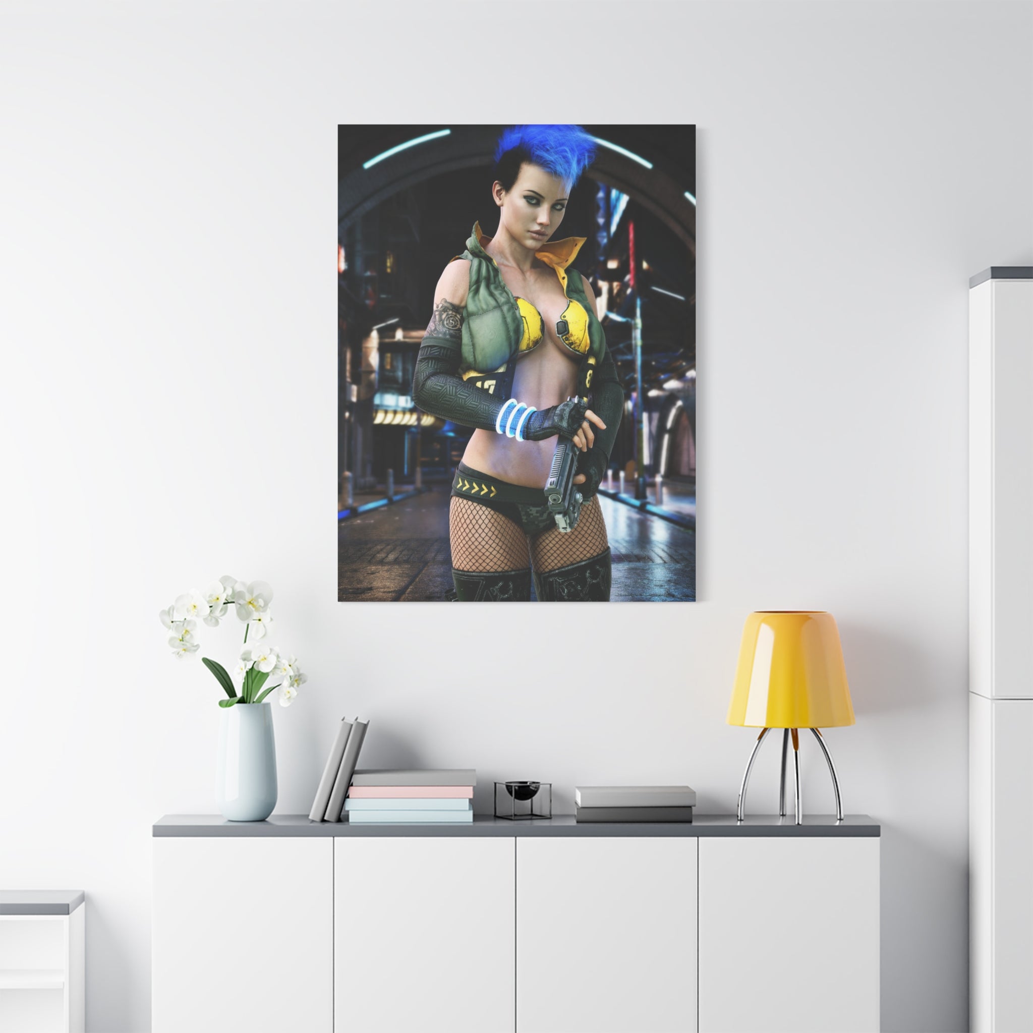 Cyberpunk Femme Fatale Canvas Print — Matte Stretched Wall Art -No AI- Human created illustration art