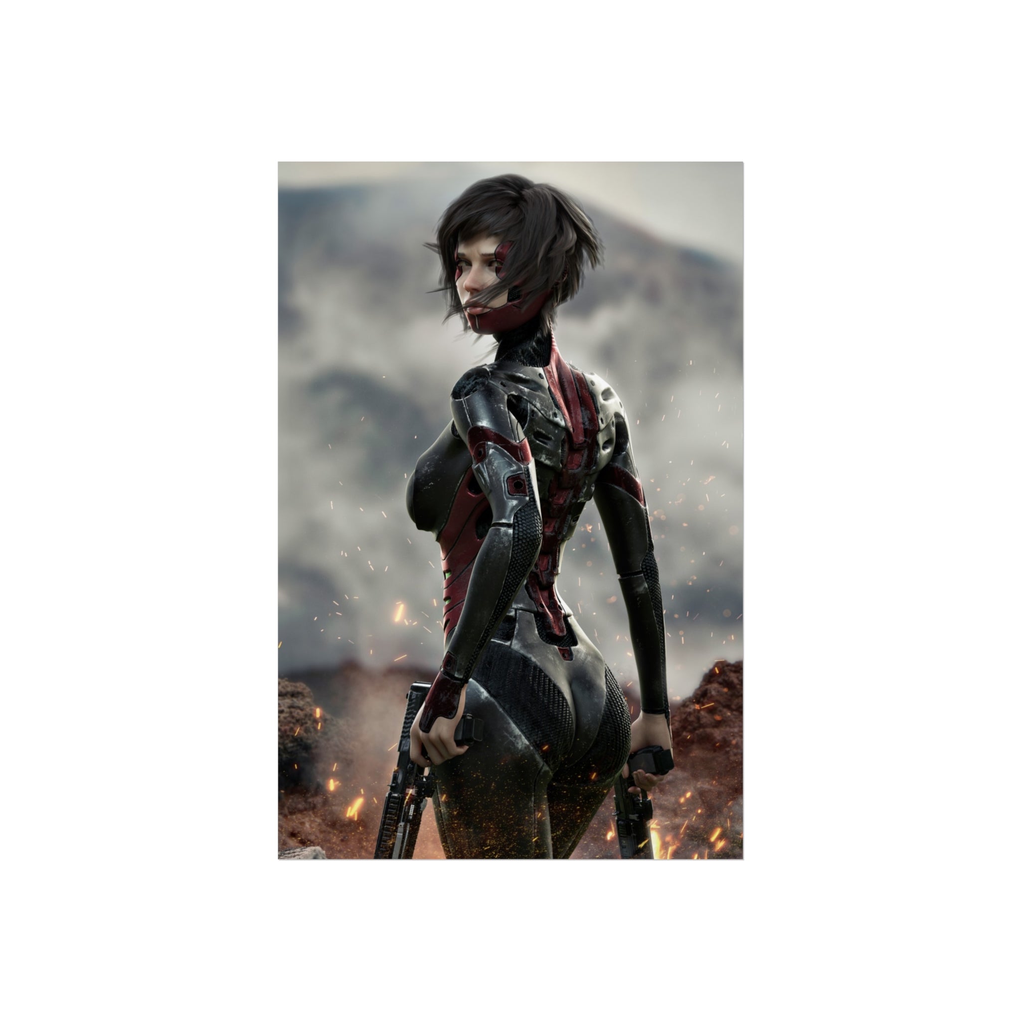 Sci‑Fi Warrior Fine Art Poster — Cybernetic Female Soldier Wall Art- No AI - Human created illustration art