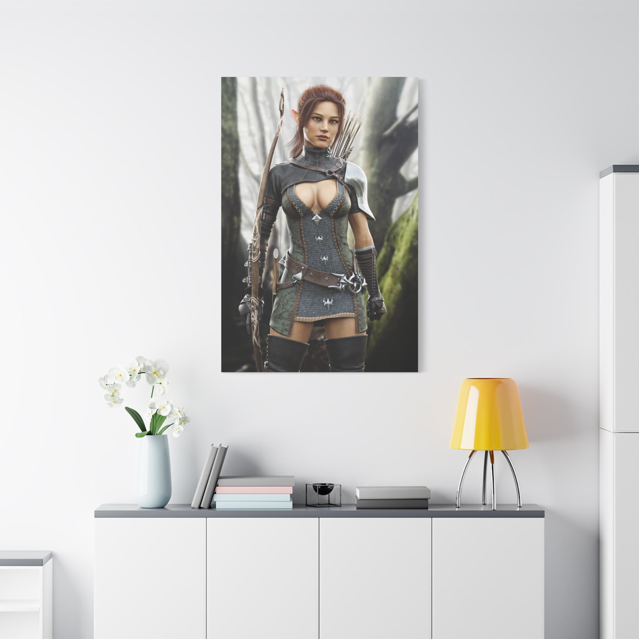 Fantasy Wood Elf Archer Warrior Canvas Print — Matte Stretched Wall Art - No Ai - human created illustration art