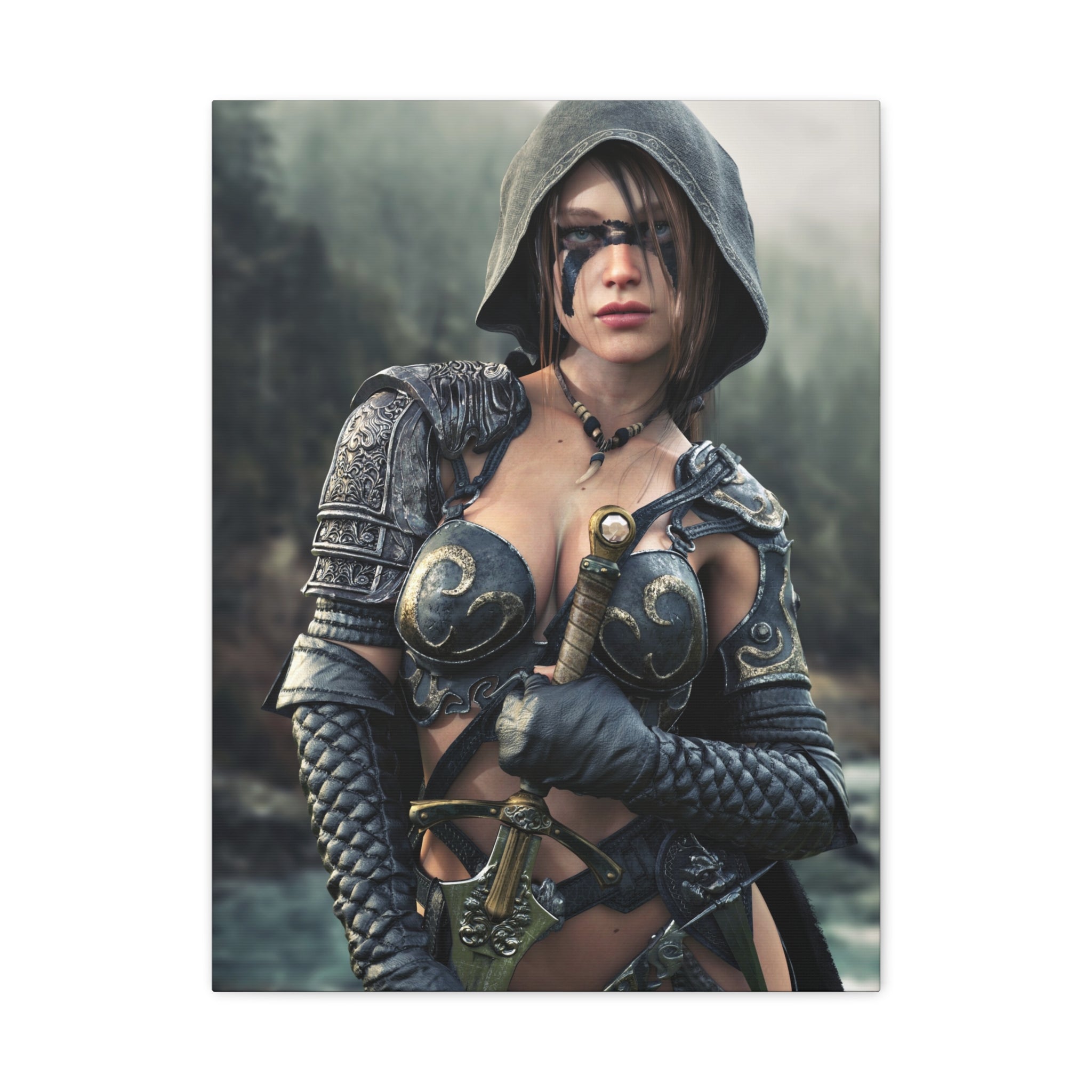 Fantasy ranger wall art featuring a hooded female warrior with face paint, ornate armor, and sword against a misty forest backdrop for fantasy decor.
