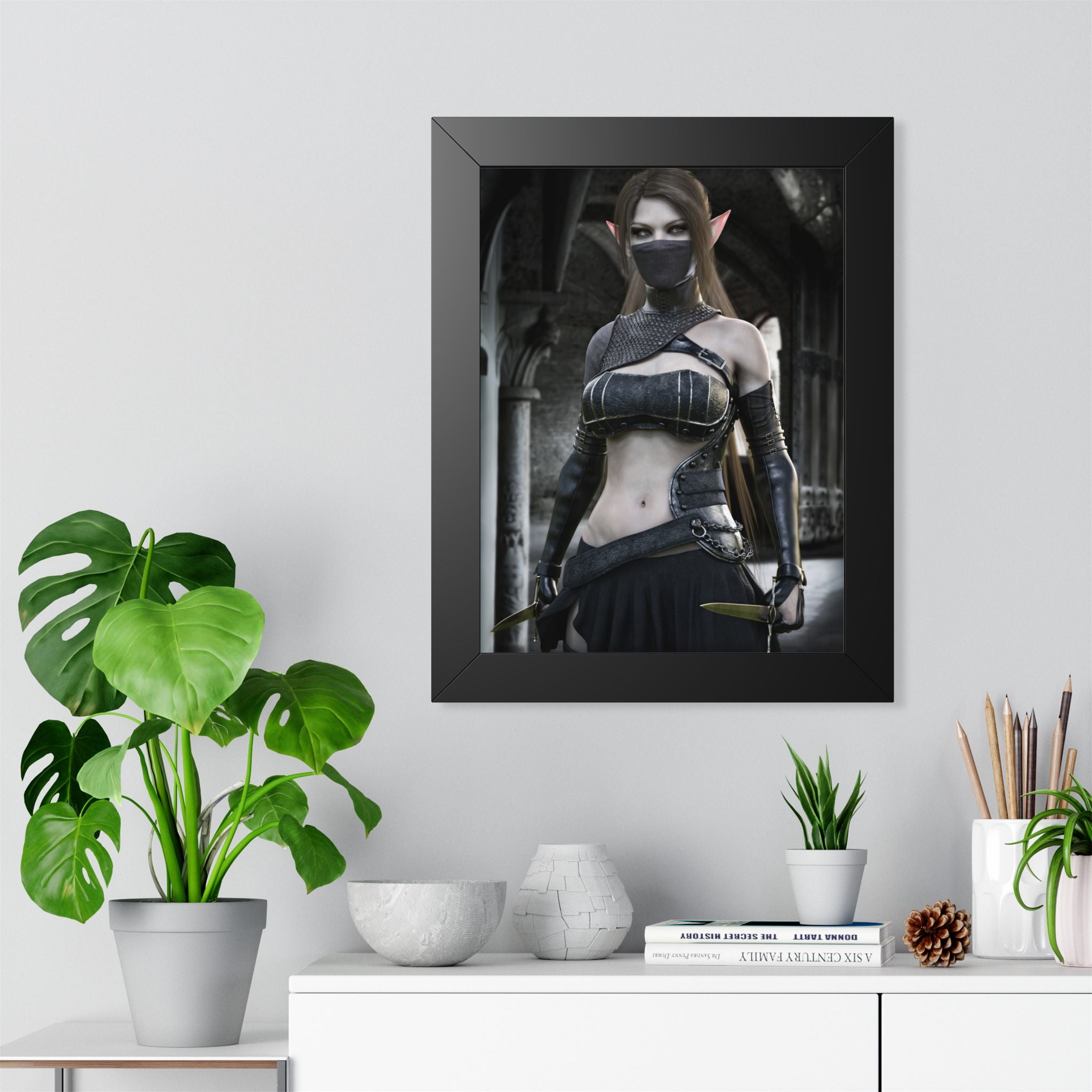 Framed Poster — Dark Fantasy Elf Assassin Wall Art (Vertical)