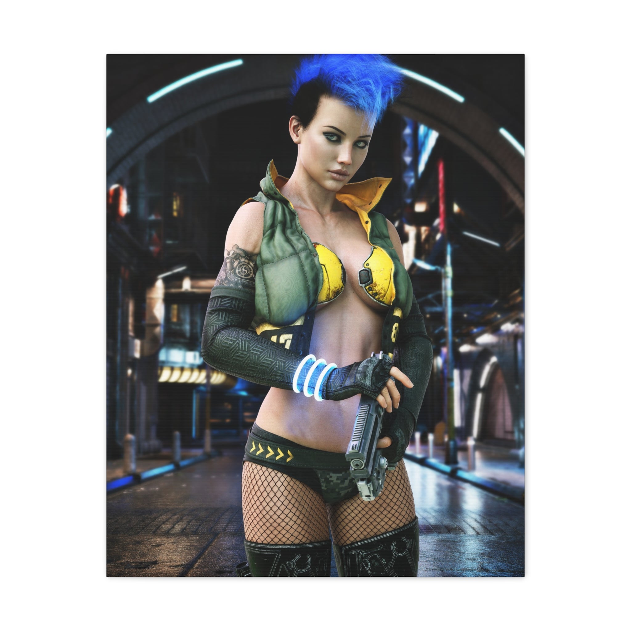 Cyberpunk Femme Fatale Canvas Print — Matte Stretched Wall Art -No AI- Human created illustration art