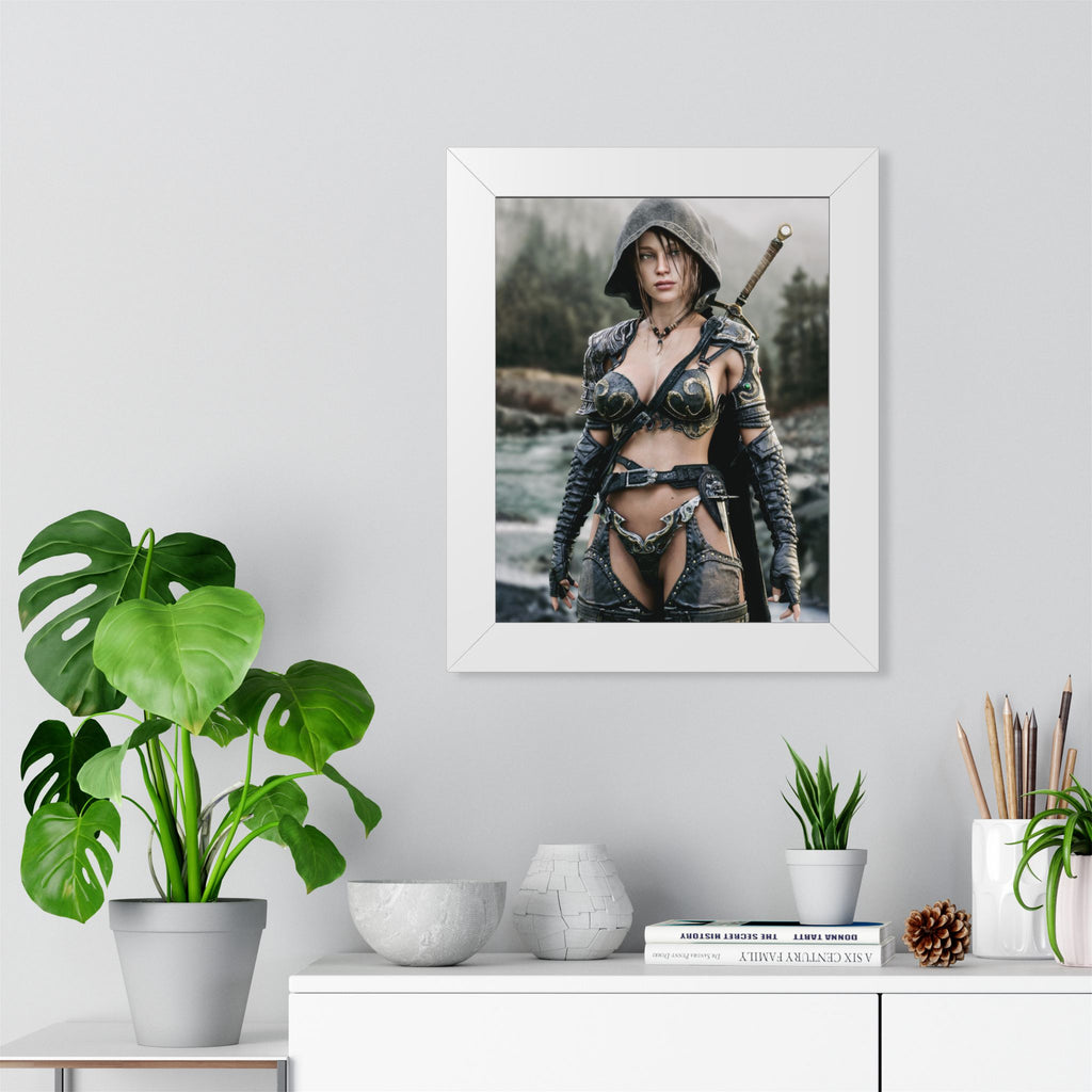 Framed Poster - Fantasy Female Ranger Warrior Art (Vertical) - No AI- Human created illustration art