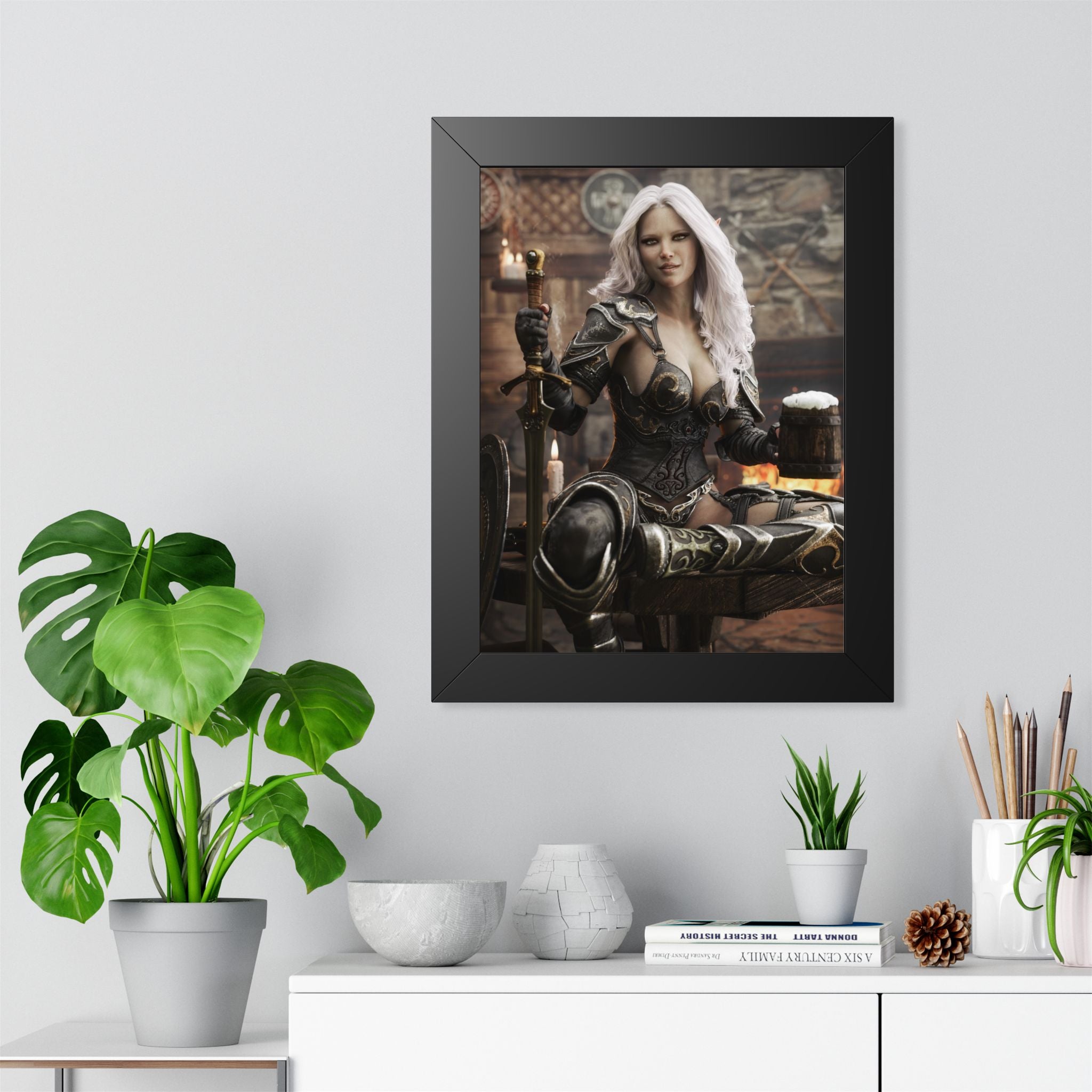 Fantasy Warrior Woman Framed Poster — Medieval Armor in Tavern Art Print- No AI- Human created illustration art