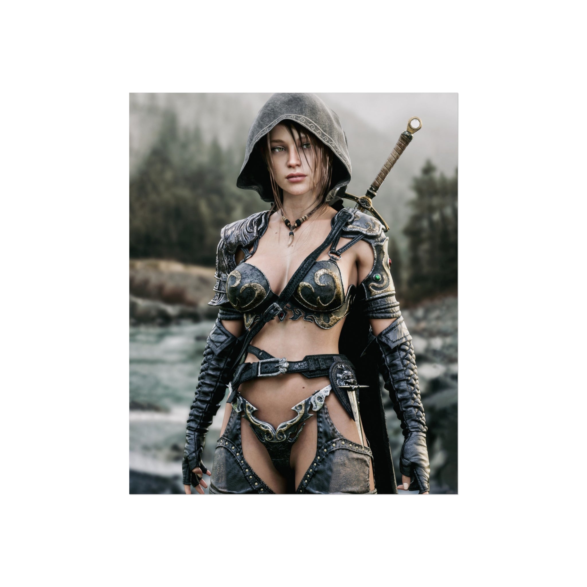 Fantasy Warrior Fine Art Poster — Hooded Female Swordfighter Print - No AI- Human created illustration art