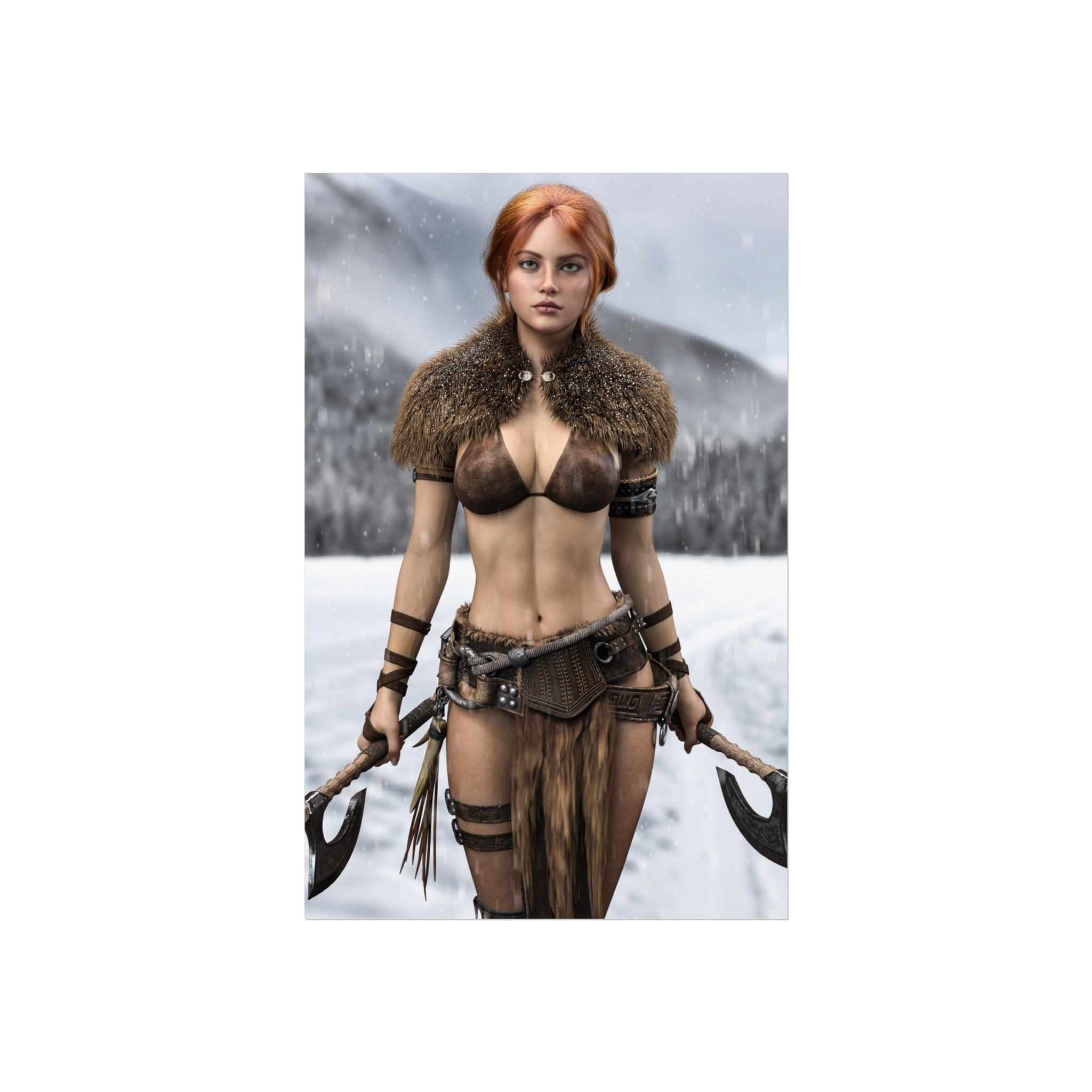 Viking Warrior Woman Fine Art Poster — Red-Haired Norse Axe Fighter Print- No AI- Human created illustration art