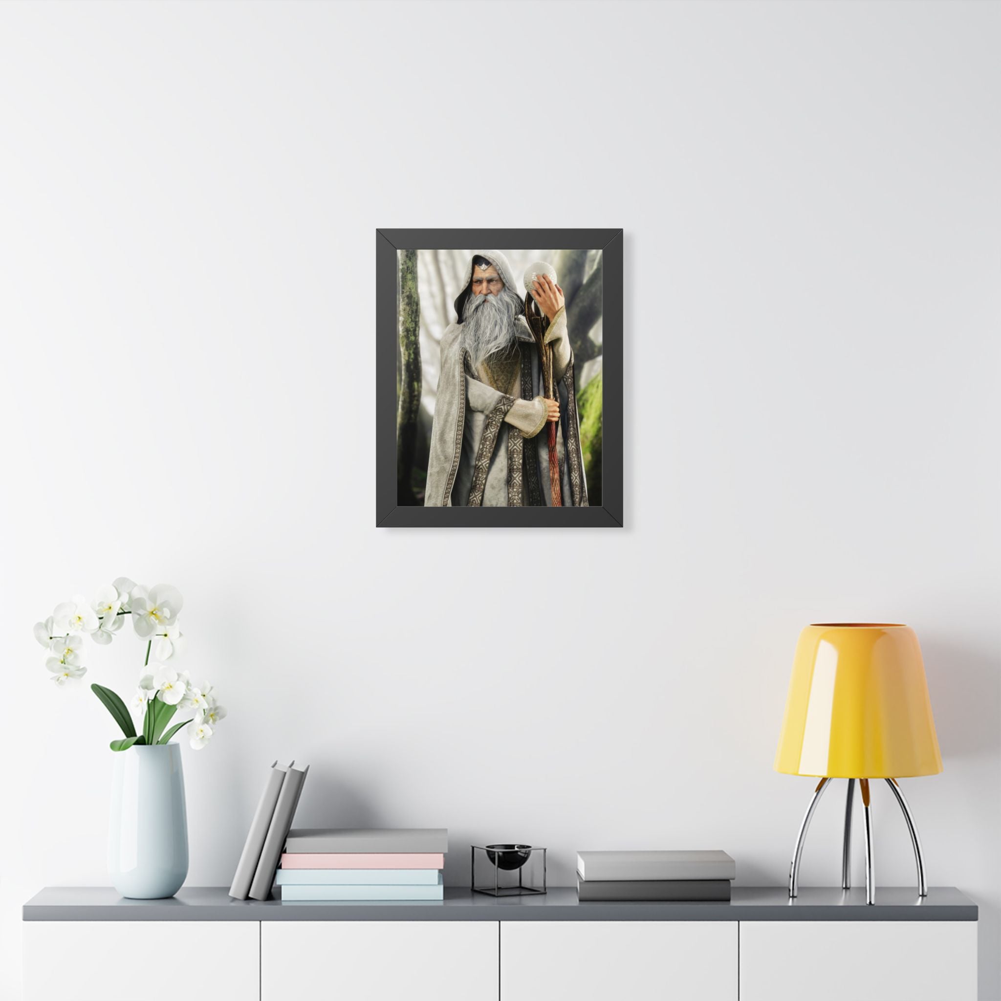 Framed Poster — Wise Wizard with Staff Fantasy Art- No ai - Human created illustration art