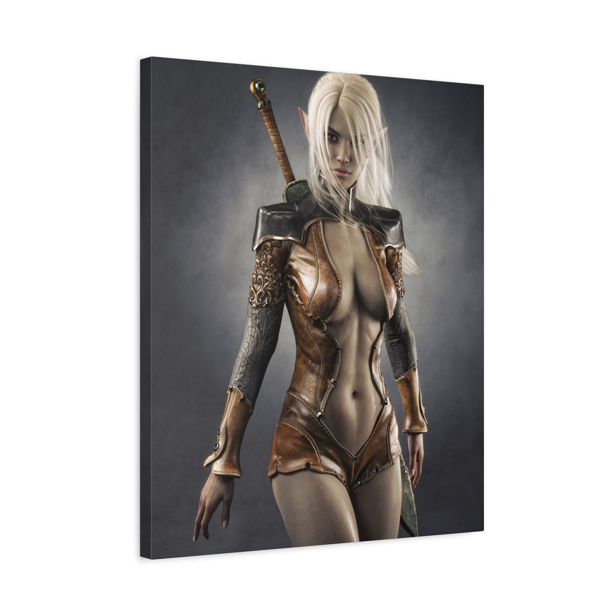 Fantasy Warrior Elf Canvas Print — Sexy Female Swordfighter Matte Stretched Art- No AI- Human created illuration art