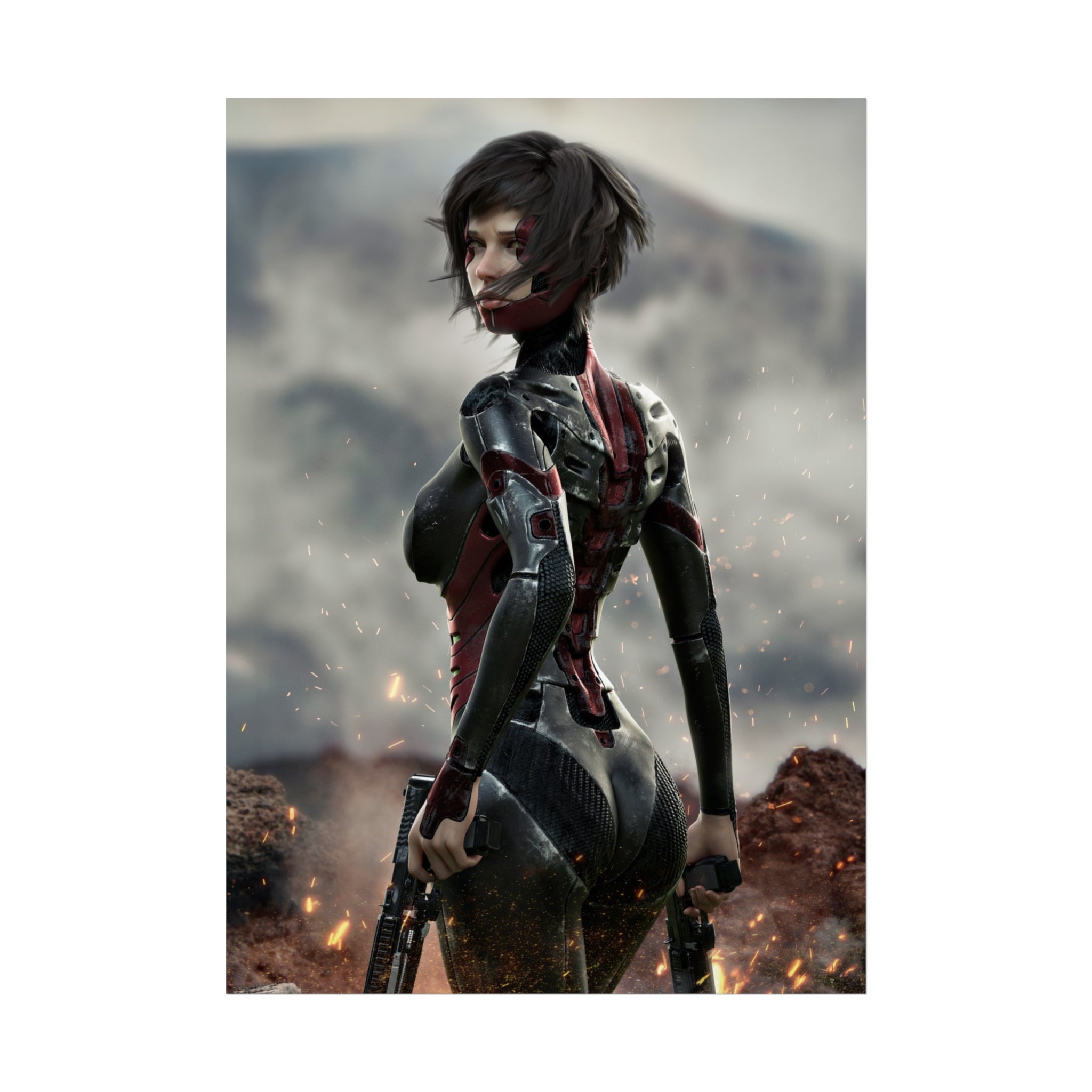 Sci‑Fi Warrior Fine Art Poster — Cybernetic Female Soldier Wall Art- No AI - Human created illustration art