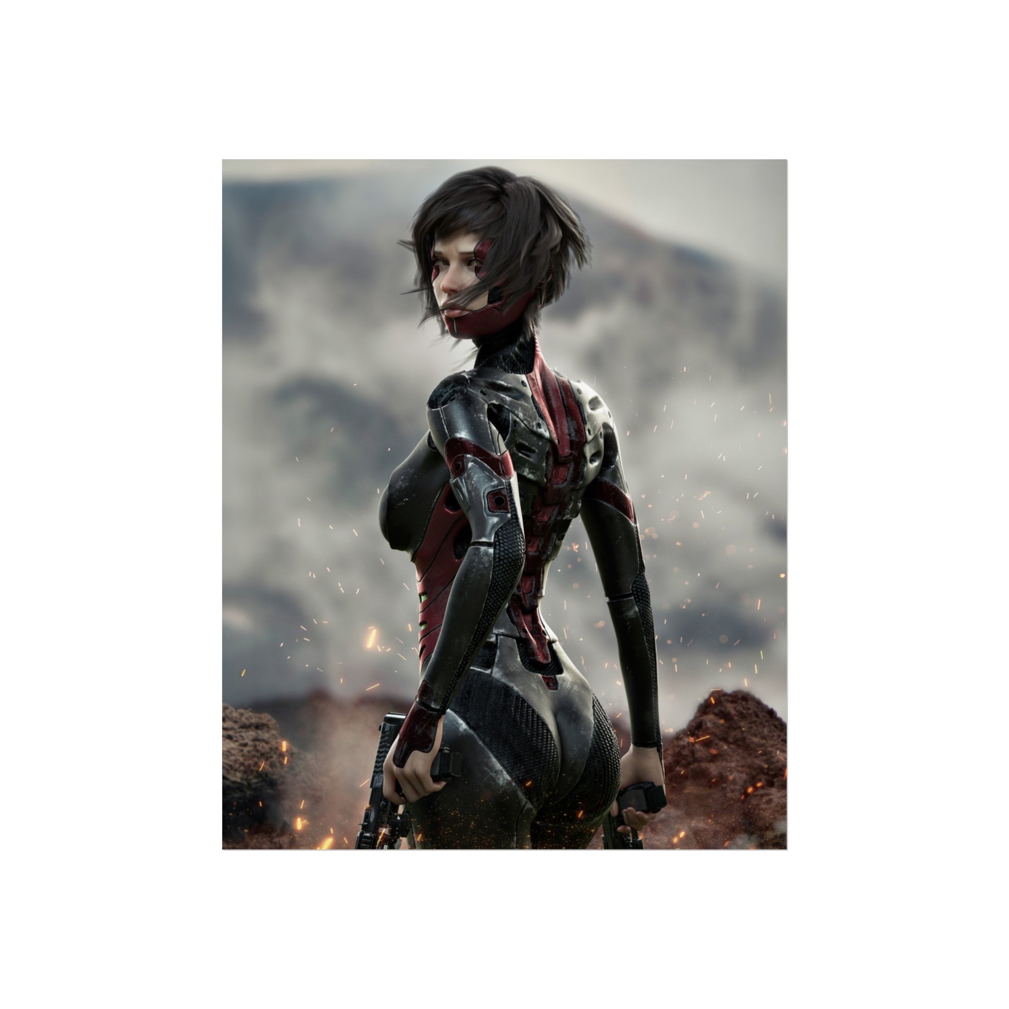 Sci‑Fi Warrior Fine Art Poster — Cybernetic Female Soldier Wall Art- No AI - Human created illustration art