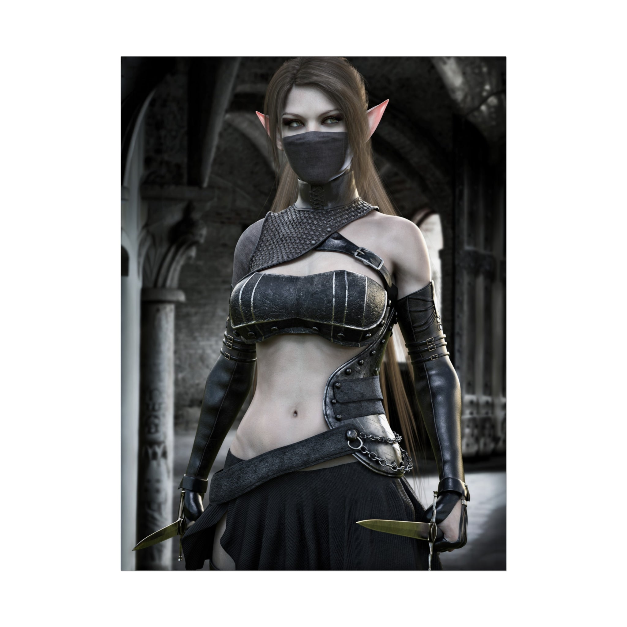 Fantasy Assassin Elf Fine Art Poster — Dark Gothic Elf Wall Art Print- NO AI -Human created illustration Art