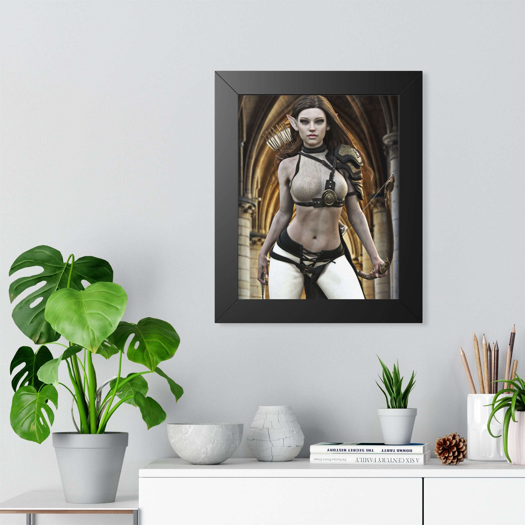 Fantasy Archer Woman Framed Poster — Elven Warrior Vertical Wall Art- No AI - Human created illustration art