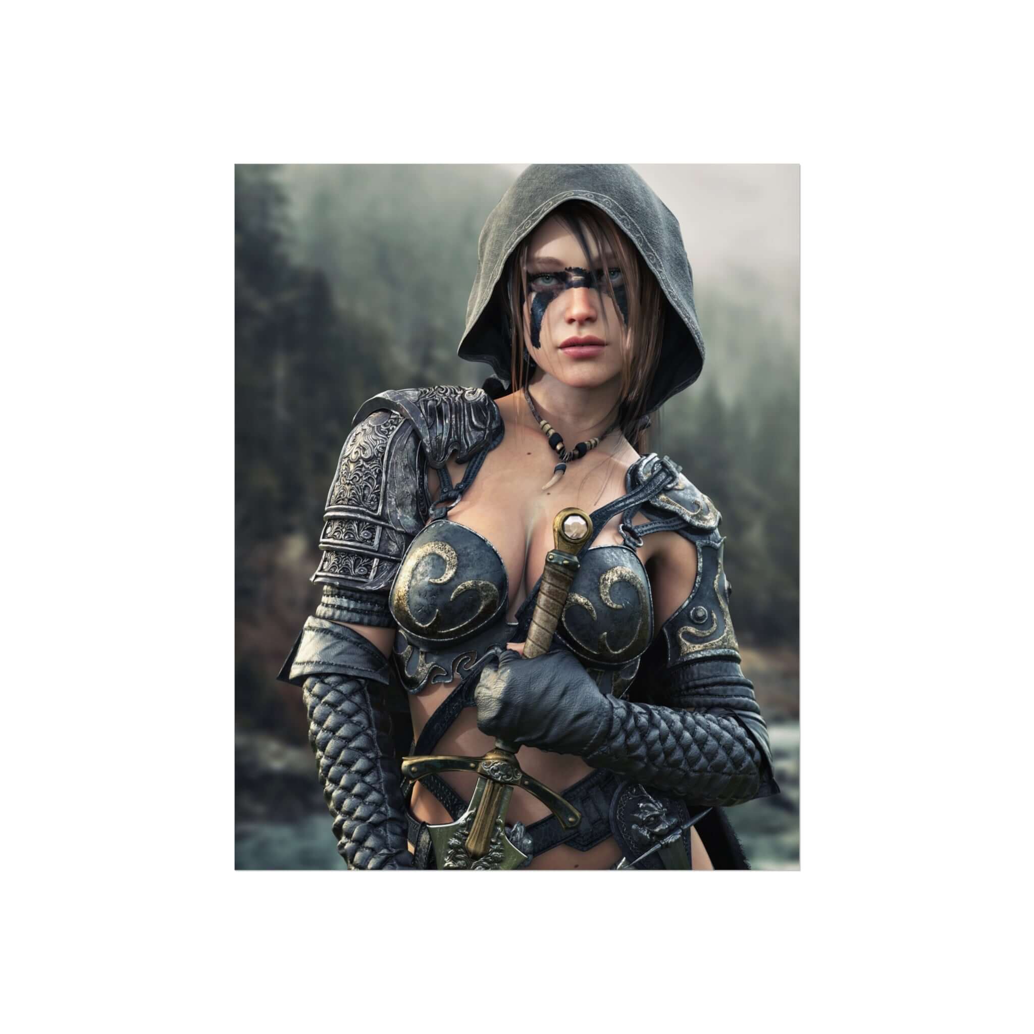 Fantasy ranger wall art Poster featuring a hooded female warrior with face paint, ornate armor, and sword against a misty forest backdrop for fantasy decor.