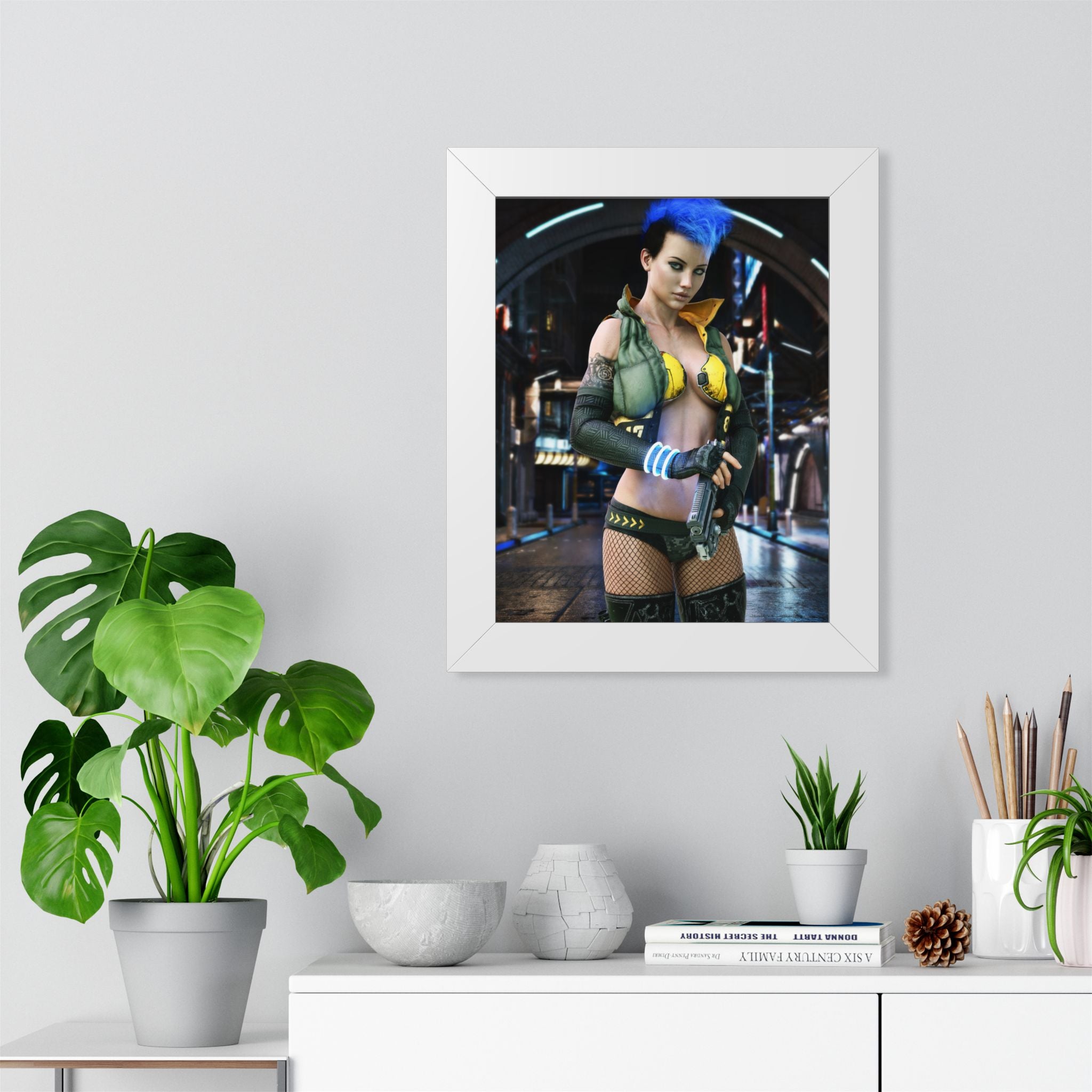 Cyberpunk Bounty Hunter Framed Poster — Futuristic Sci‑Fi Wall Art- No AI- Human created illustration art