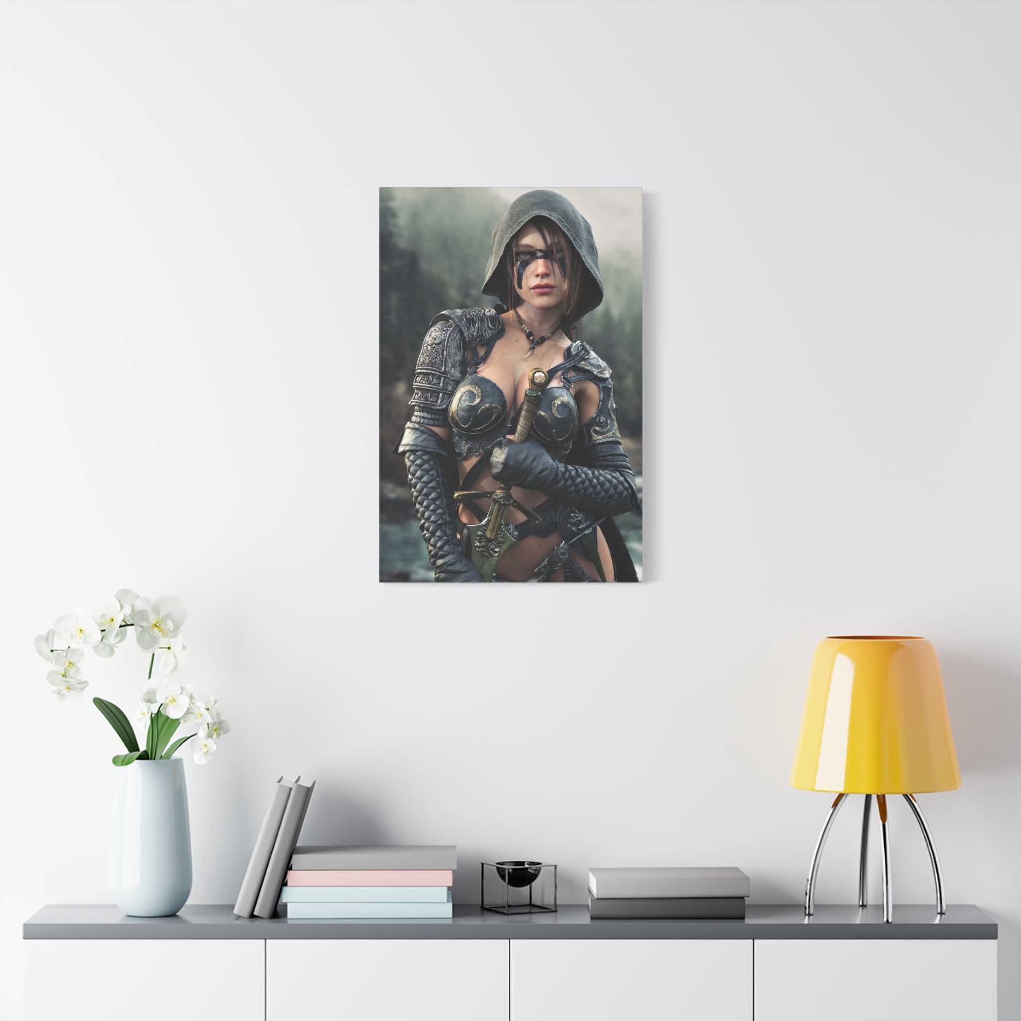 Fantasy ranger wall art featuring a hooded female warrior with face paint, ornate armor, and sword against a misty forest backdrop for fantasy decor.