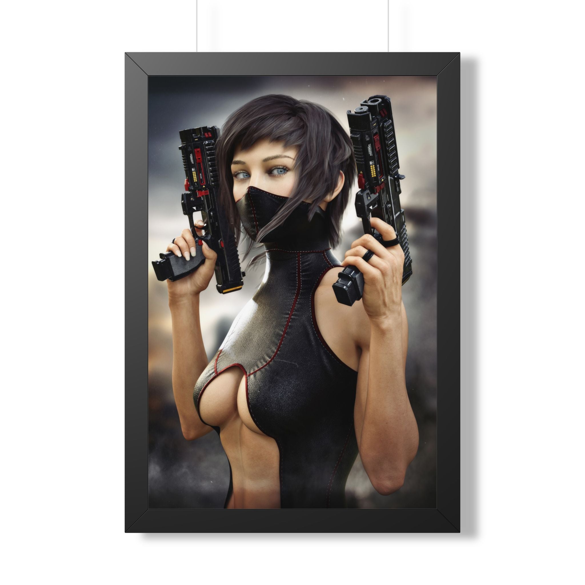 Framed Poster — Cyberpunk Female Assassin Art Print - No AI - Human created illustration art