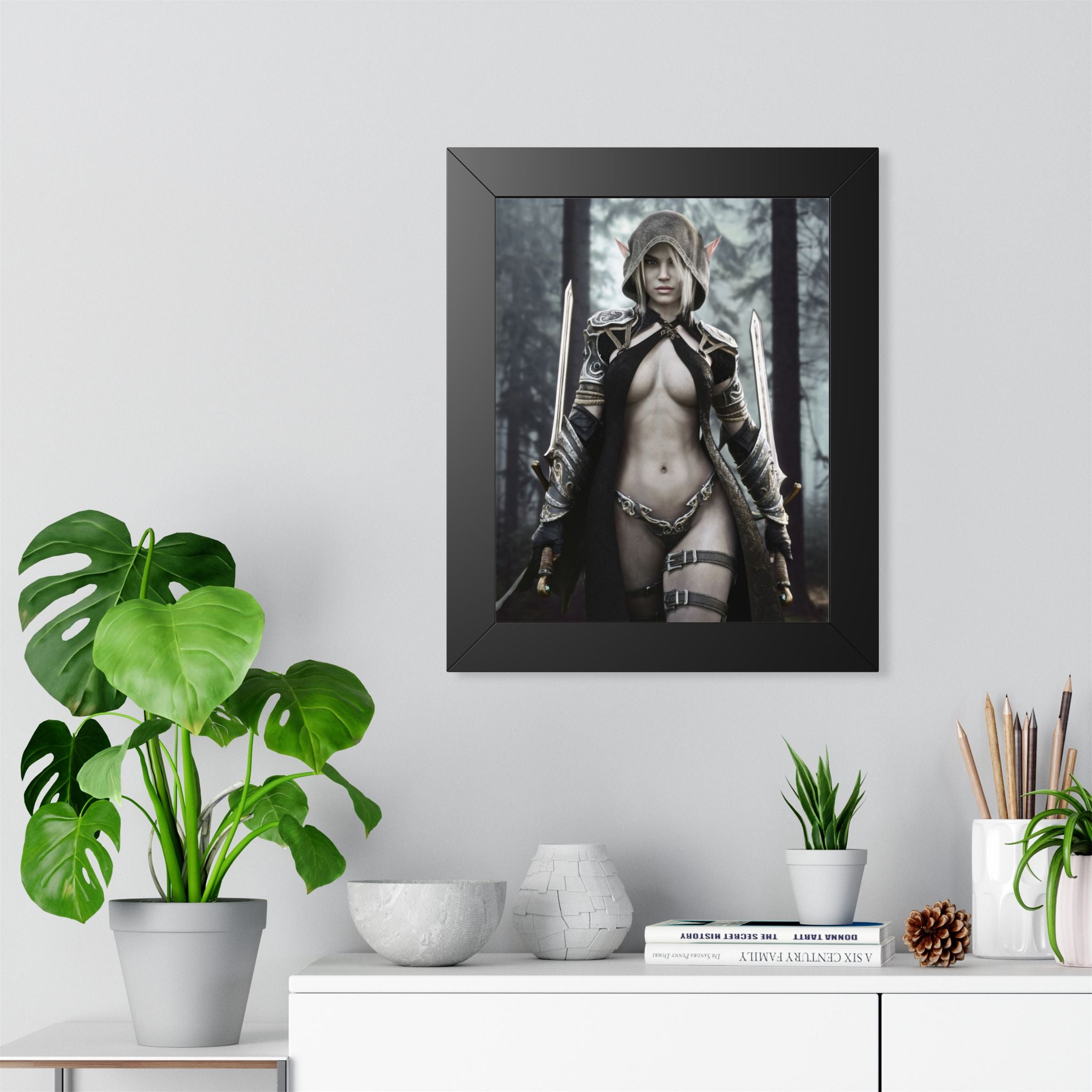 Fantasy Assassin Framed Poster — Female Warrior Hooded Rogue Art- No AI - Human created illustration art