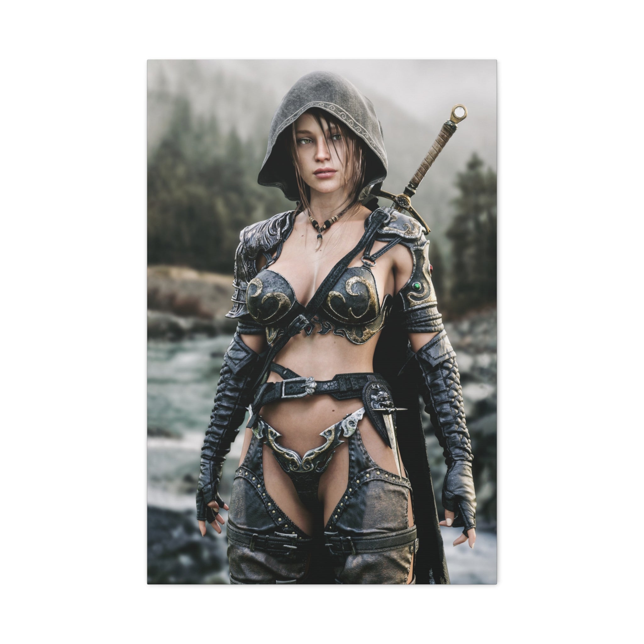 Female Warrior Ranger Fantasy Canvas Print - Matte Stretched Wall Art - No AI - Human created illustration art