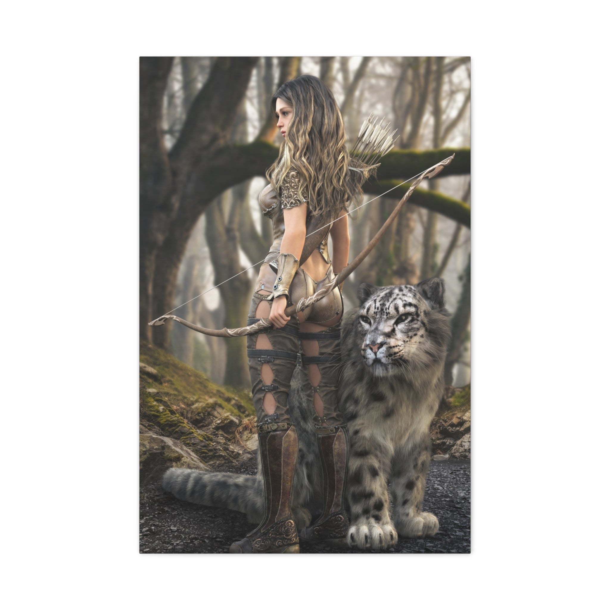 Fantasy Archer Warrior with  Leopard - Matte Stretched Canvas Wall Art - No ai - human created illustration art