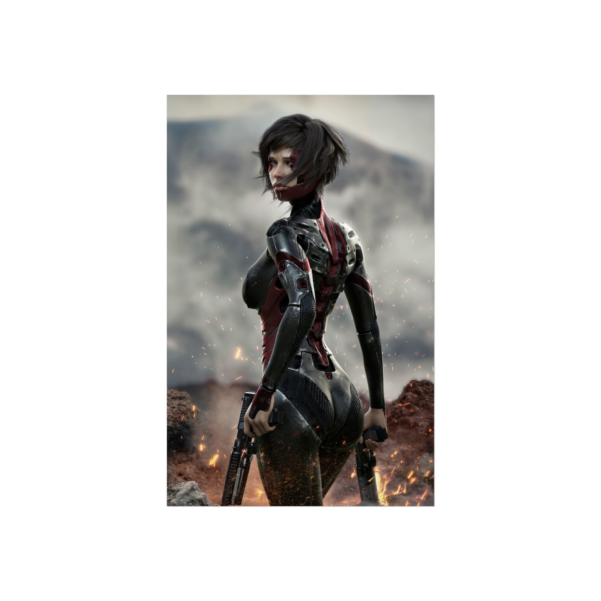 Sci‑Fi Warrior Fine Art Poster — Cybernetic Female Soldier Wall Art- No AI - Human created illustration art