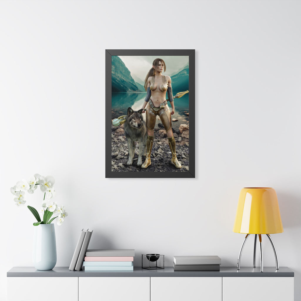 Druid and Wolf Fantasy Framed Wall Art | Elven Guardian Nature Warrior