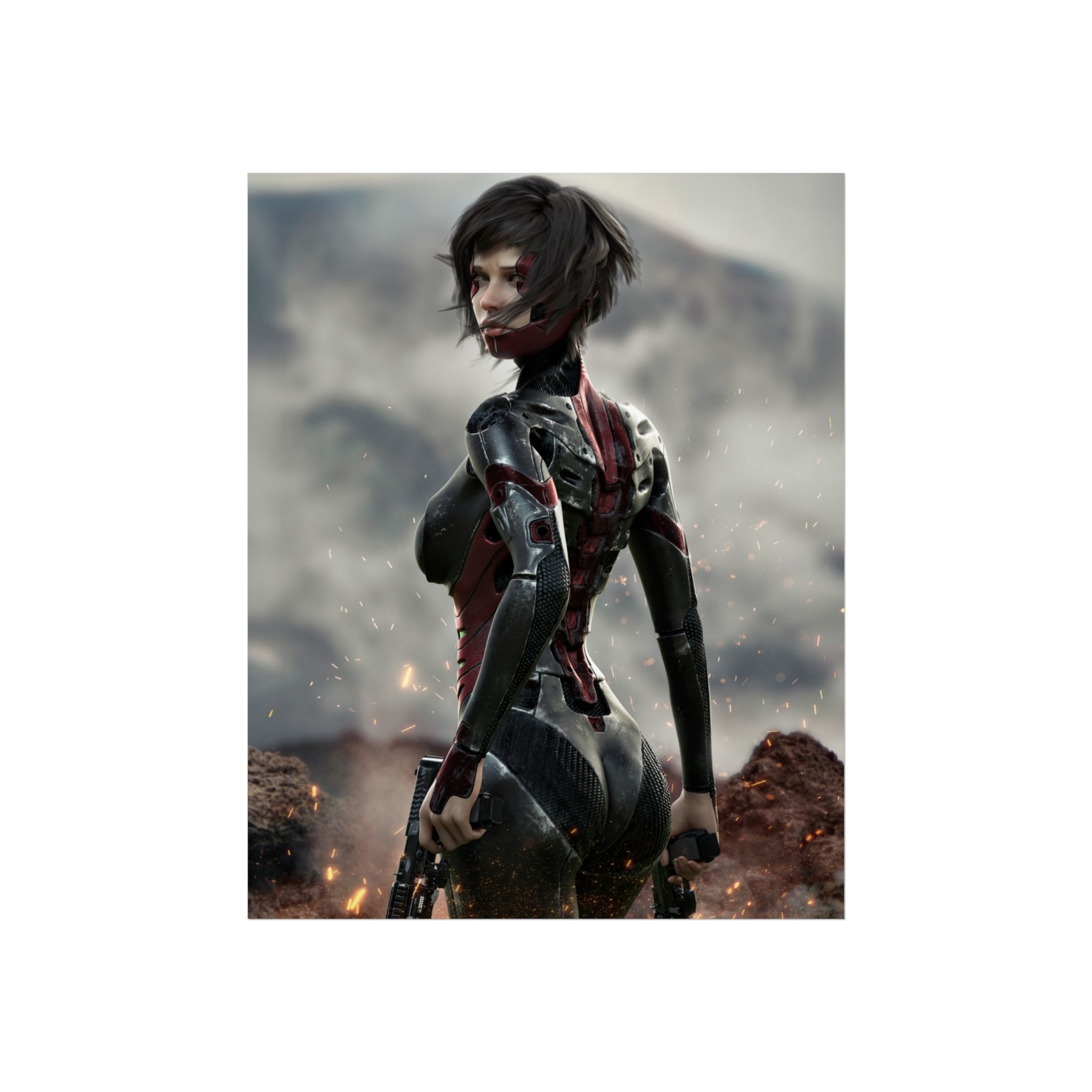 Sci‑Fi Warrior Fine Art Poster — Cybernetic Female Soldier Wall Art- No AI - Human created illustration art