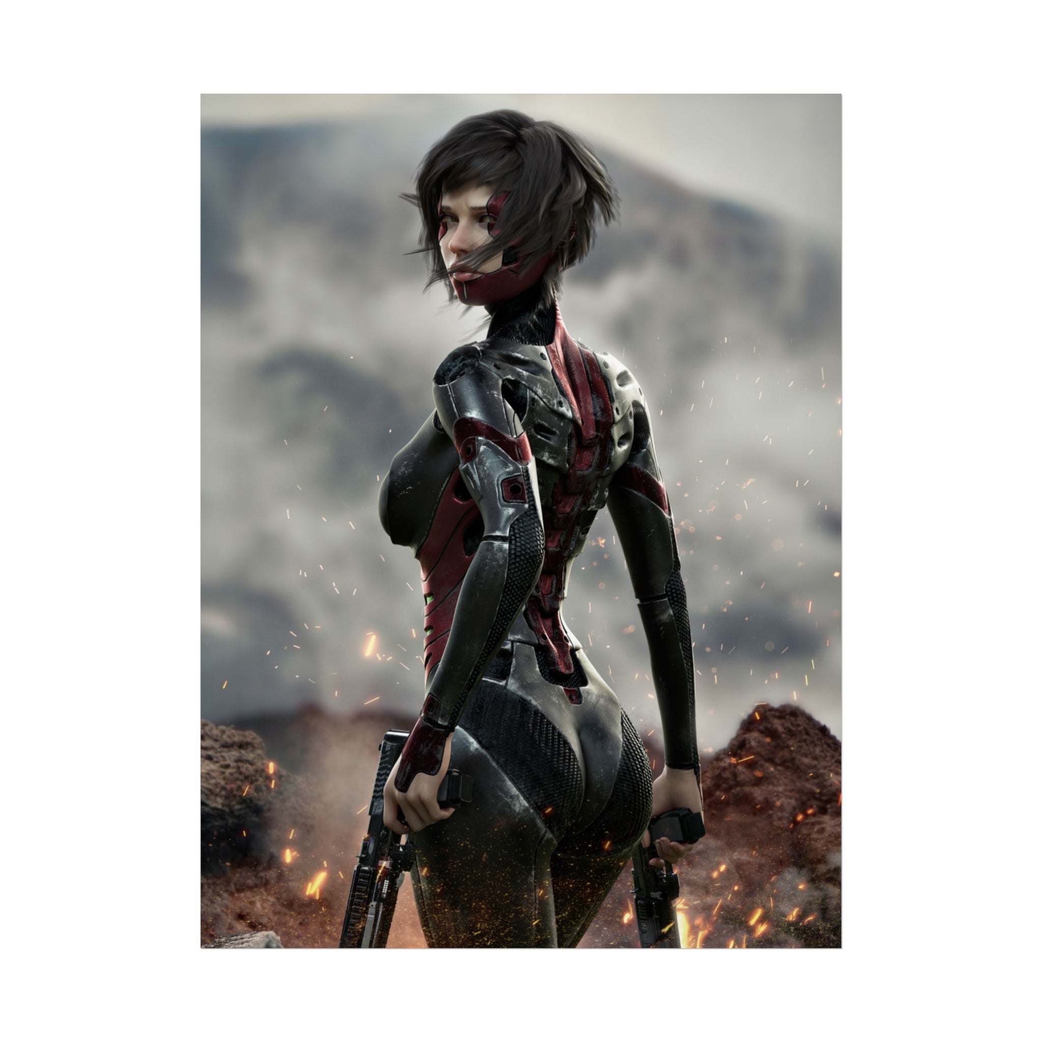 Sci‑Fi Warrior Fine Art Poster — Cybernetic Female Soldier Wall Art- No AI - Human created illustration art