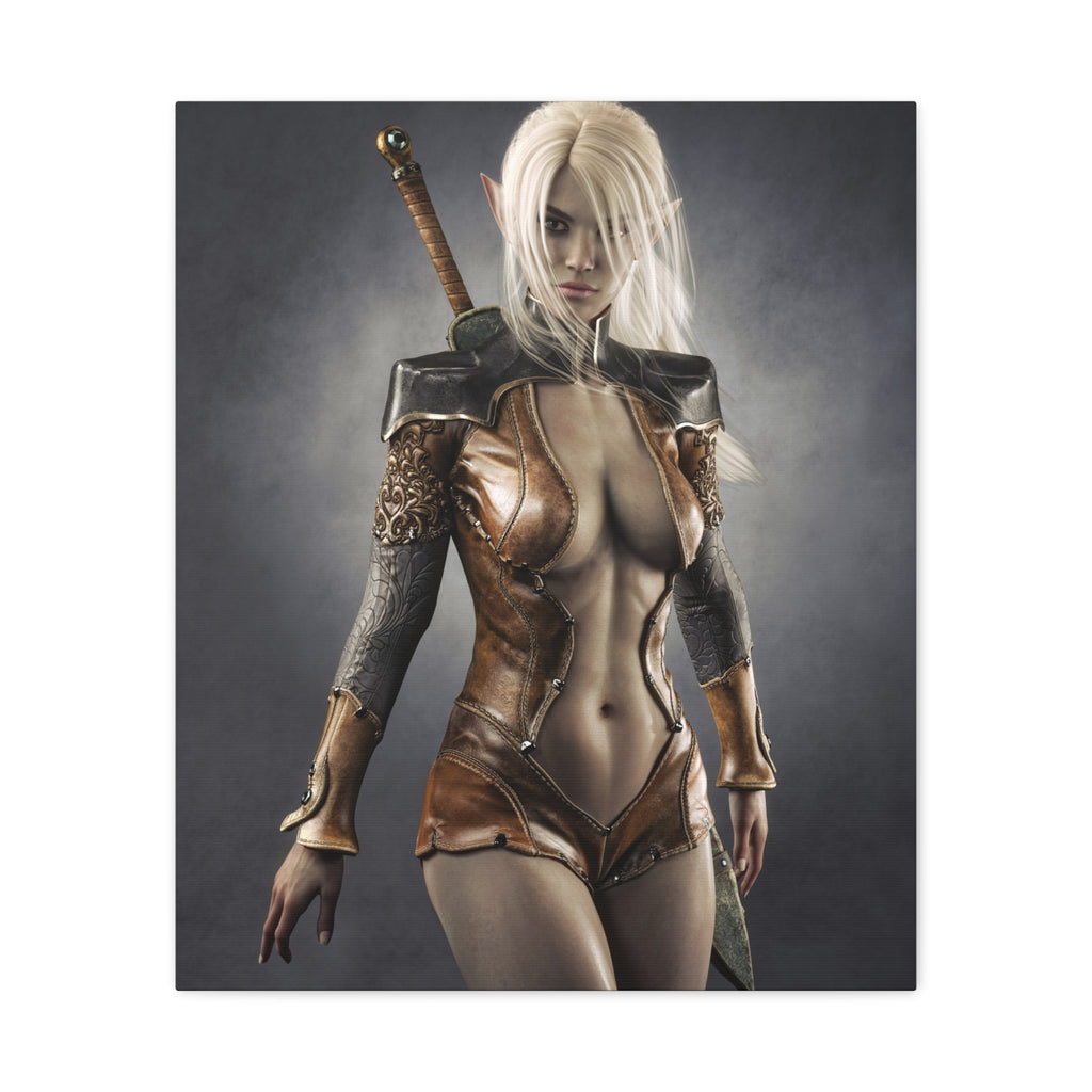Fantasy Warrior Elf Canvas Print — Sexy Female Swordfighter Matte Stretched Art- No AI- Human created illuration art