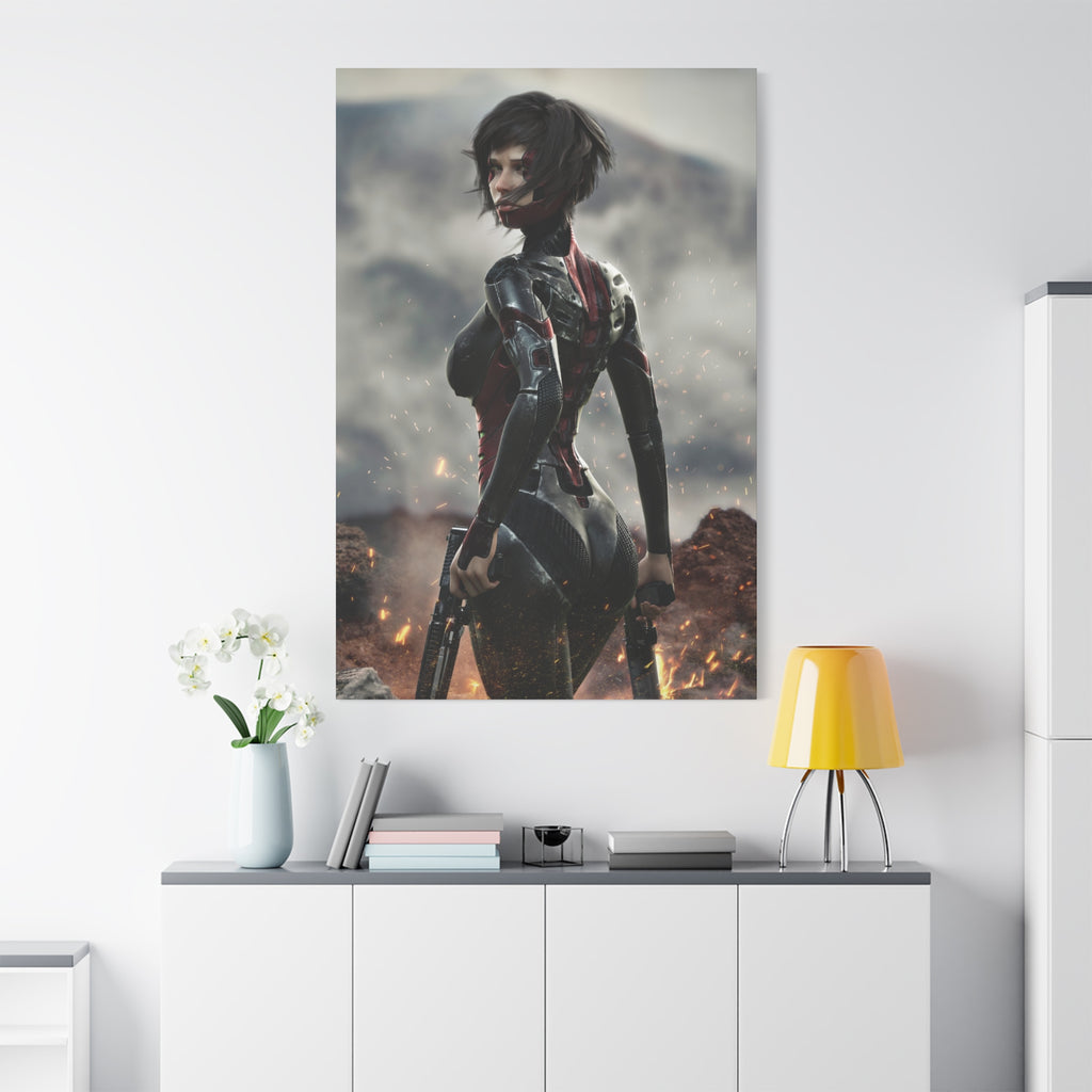 Sci‑Fi Warrior Matte Canvas Print — Futuristic Female Soldier Wall Art- No AI - Human created illustration art