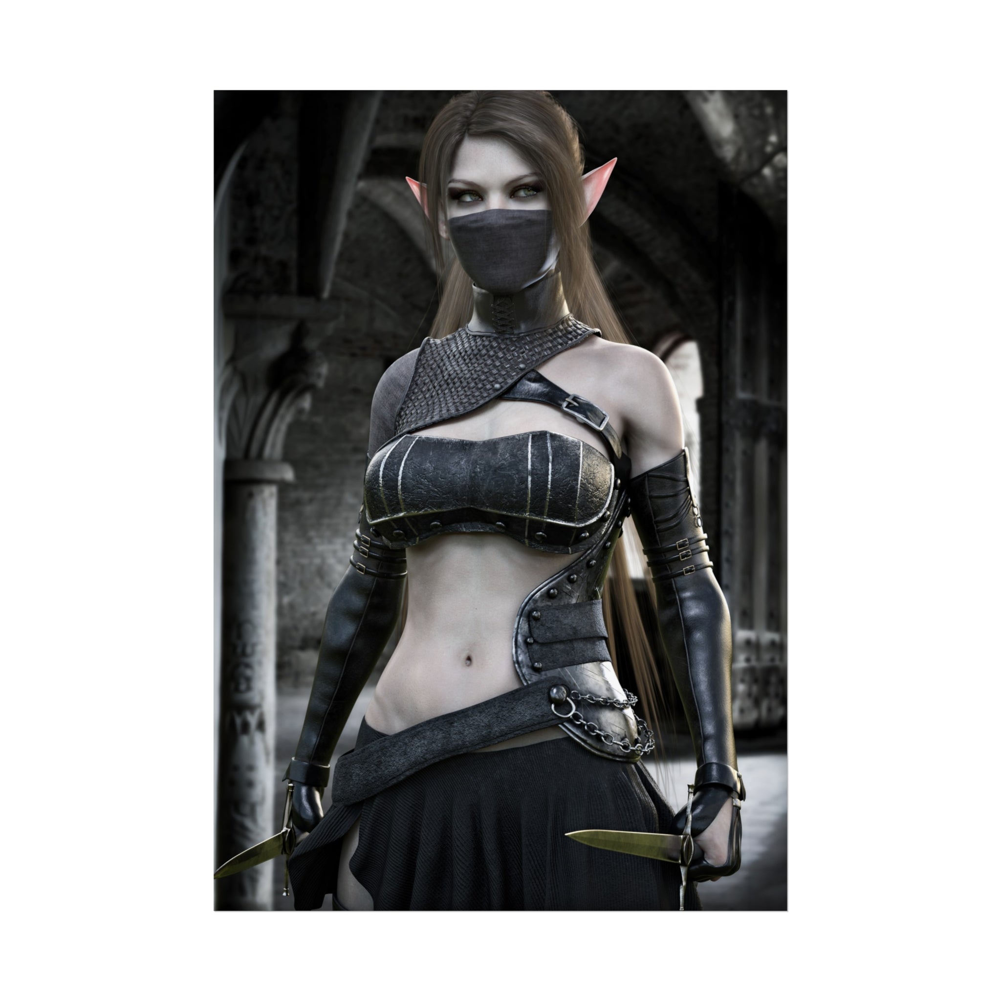 Fantasy Assassin Elf Fine Art Poster — Dark Gothic Elf Wall Art Print- NO AI -Human created illustration Art