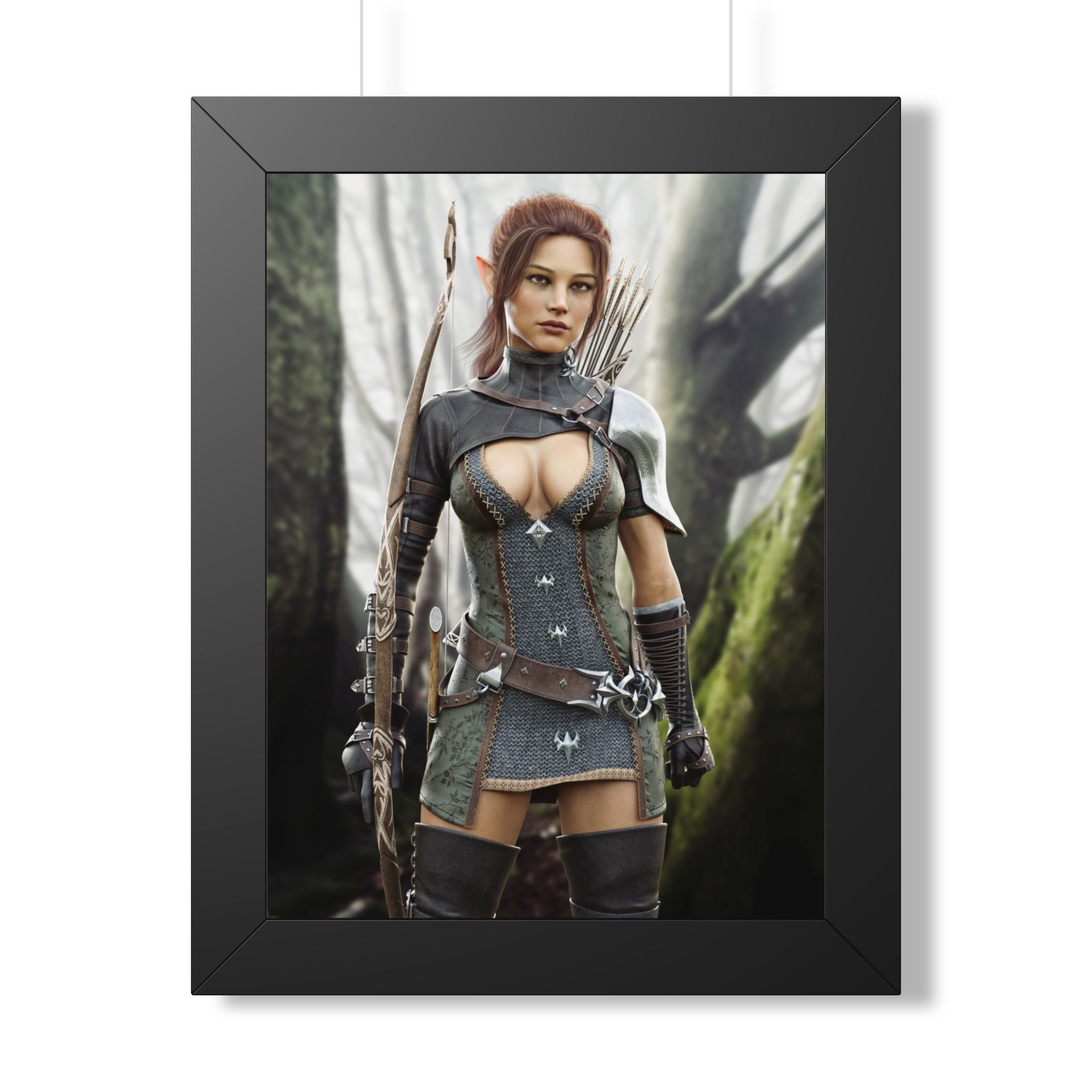 Fantasy Wood Elf Archer Framed Poster — Female Ranger Wall Art - No AI human created illustration art