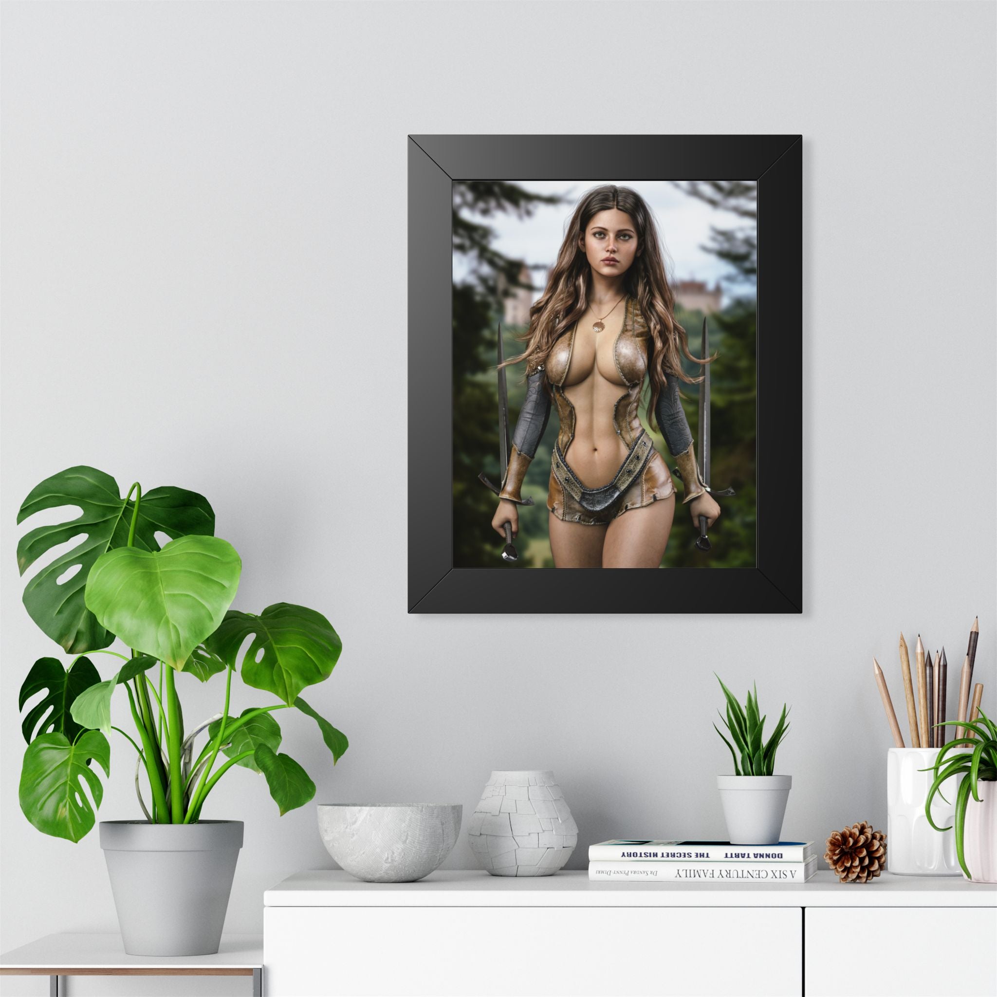 Framed Poster — Fantasy Warrior Woman Portrait- No Ai - Human created illustration art