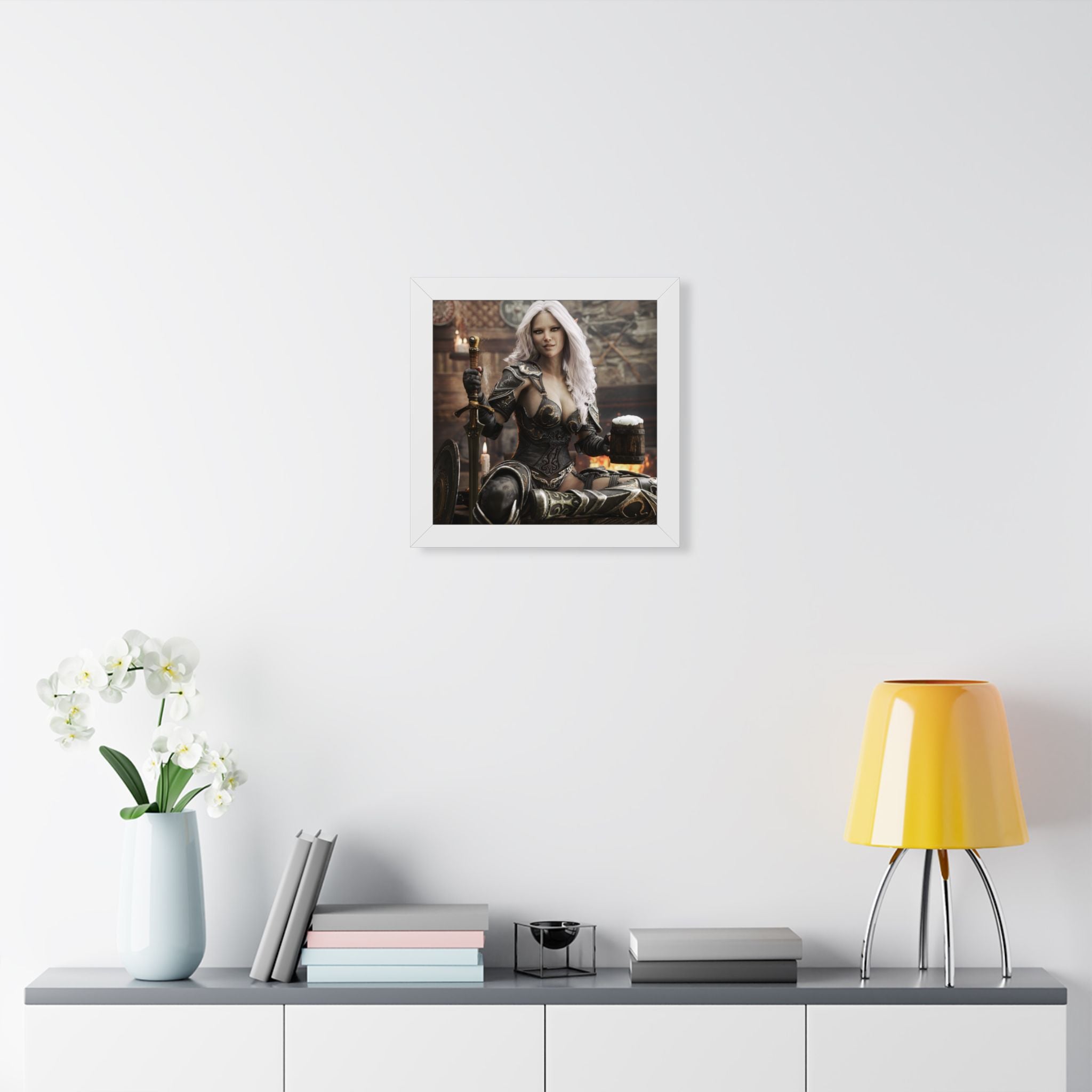 Fantasy Warrior Woman Framed Poster — Medieval Armor in Tavern Art Print- No AI- Human created illustration art