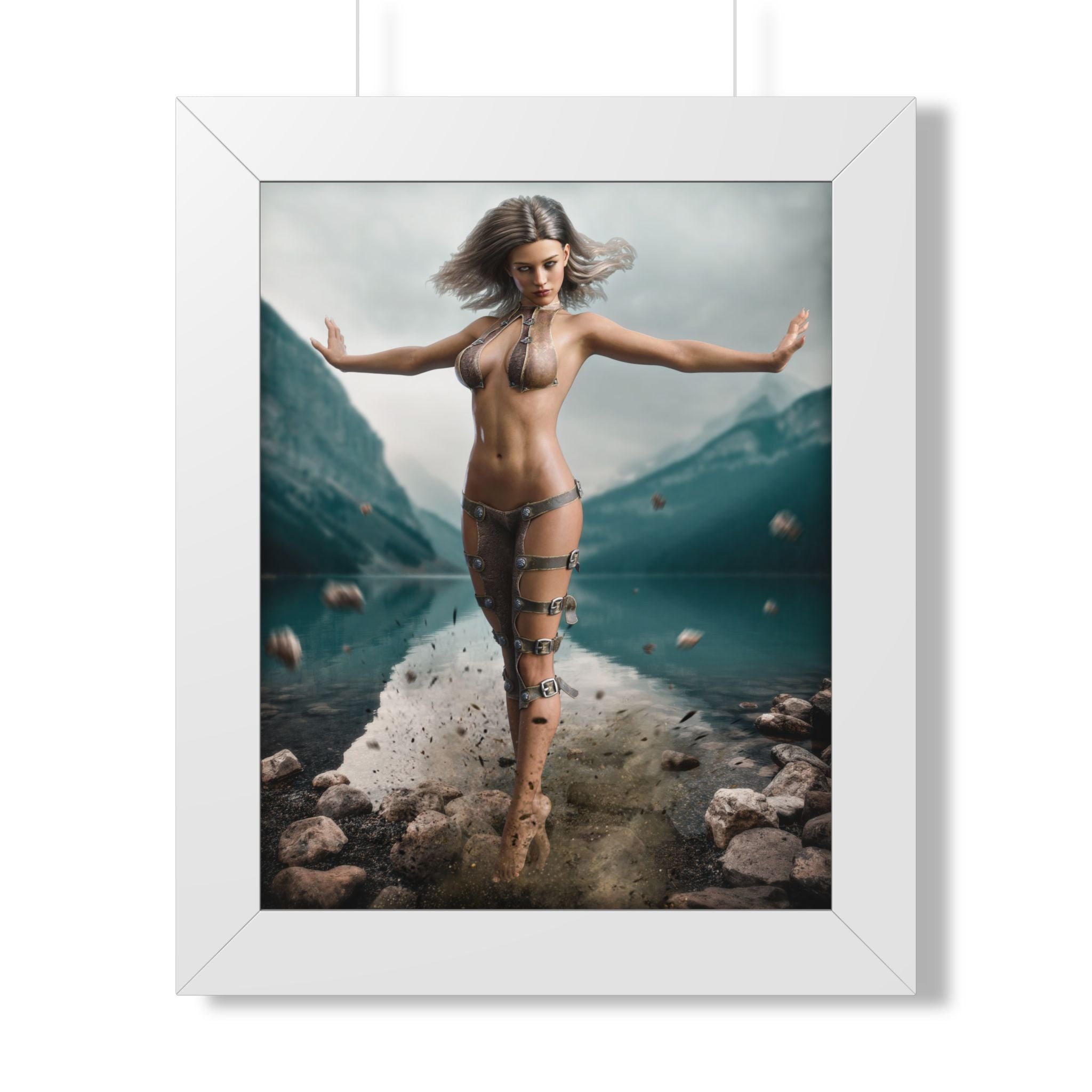 Framed Poster — Ethereal Goddess Sorceress Lake Art Print -No AI- Human created illustration art