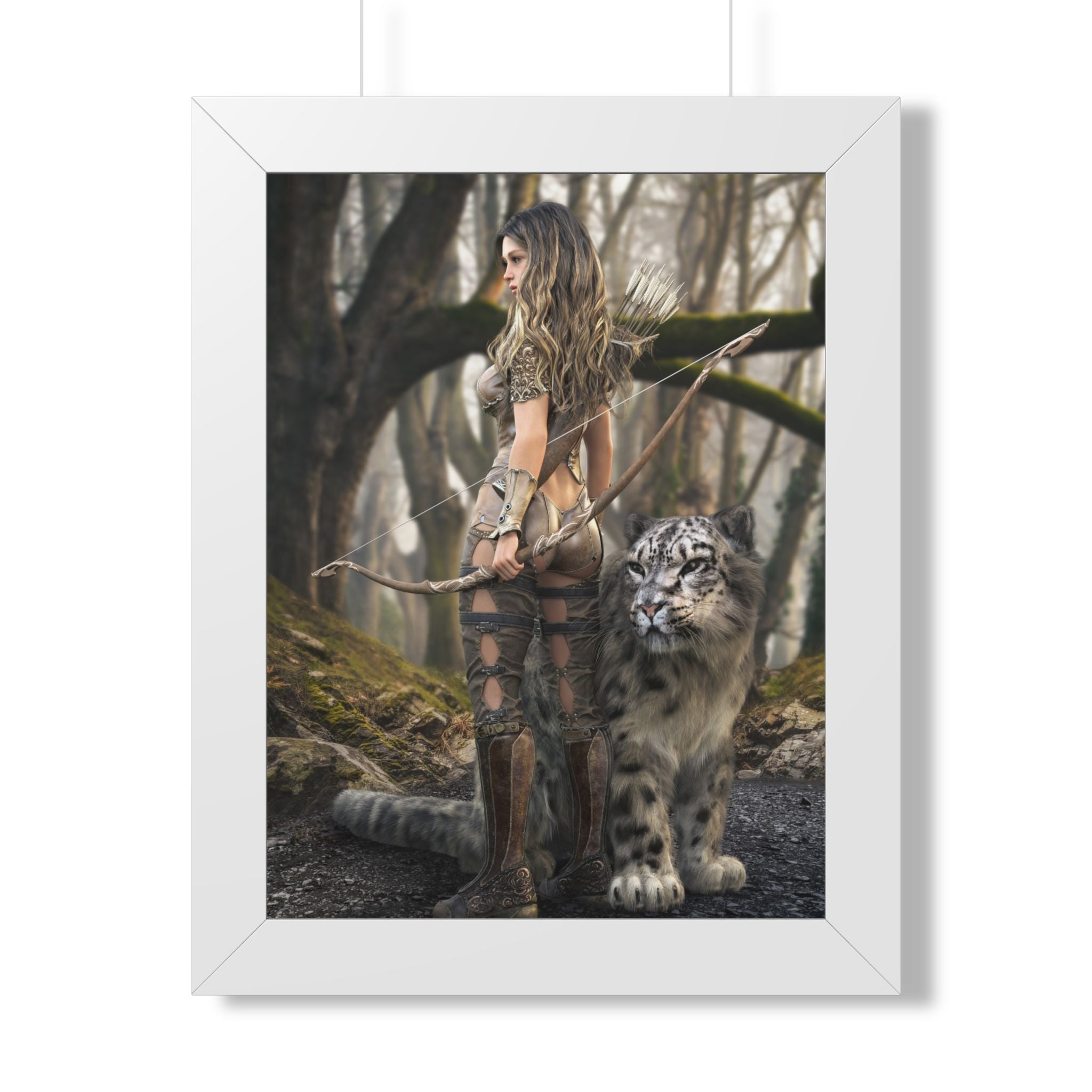 Framed Poster — Forest Huntress with Leopard Fantasy Art