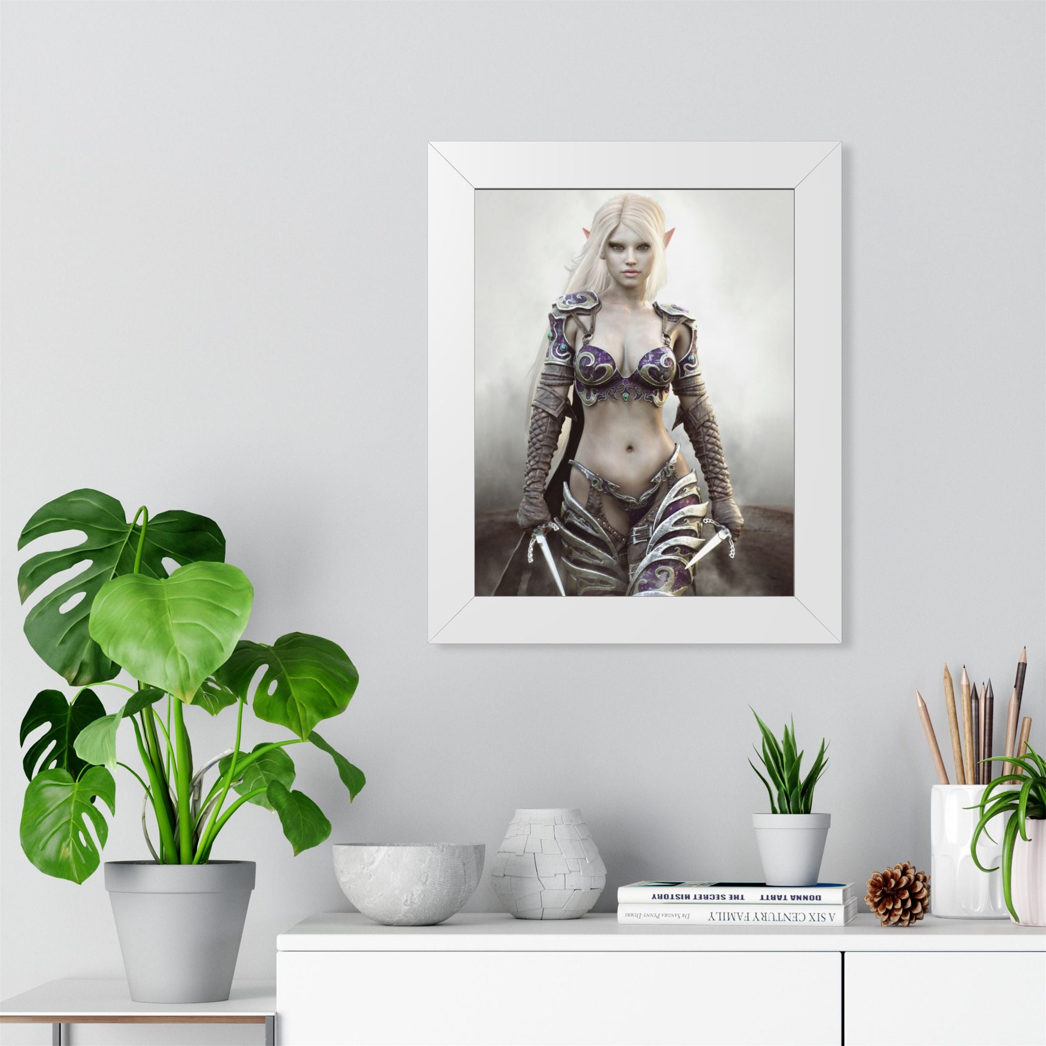 Framed Poster — Fantasy Dark Elf Elven Warrior Art Print - No AI- Human created illustration art