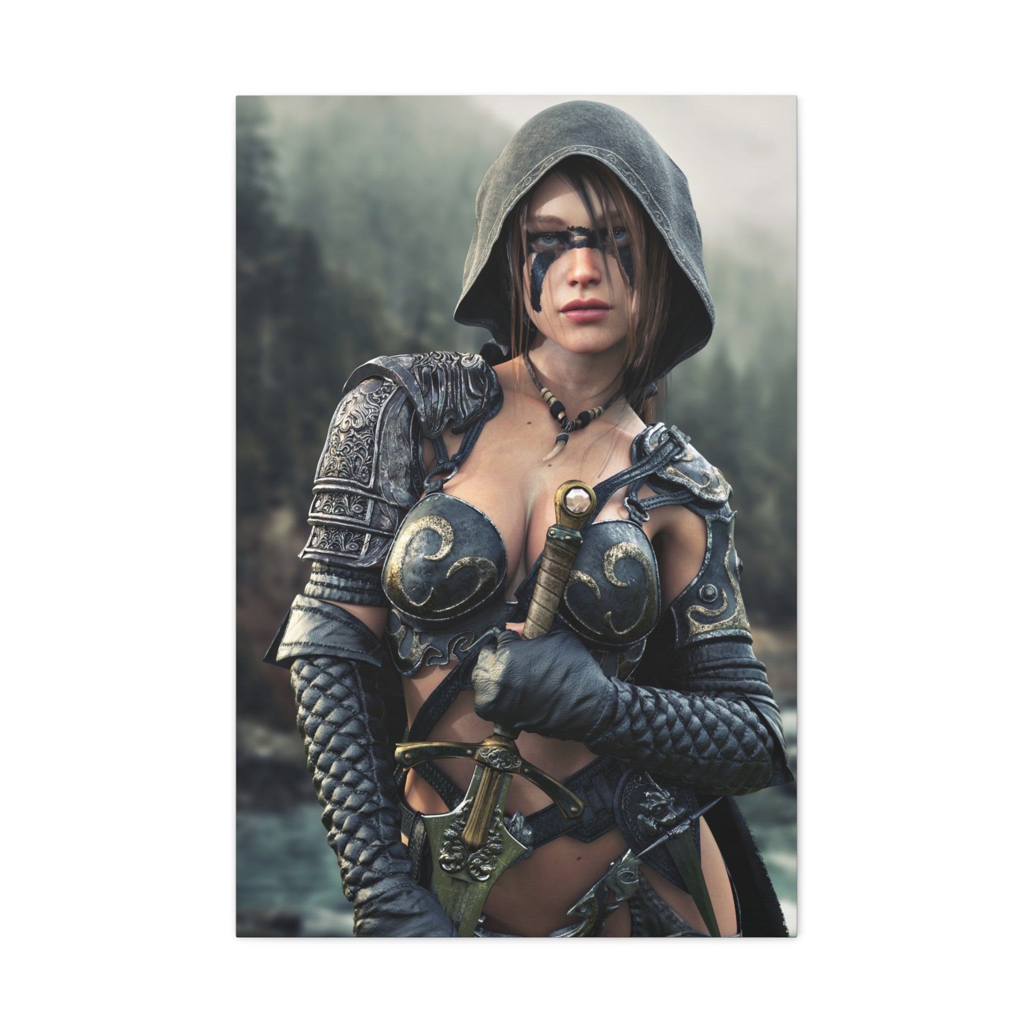 Fantasy ranger wall art featuring a hooded female warrior with face paint, ornate armor, and sword against a misty forest backdrop for fantasy decor.