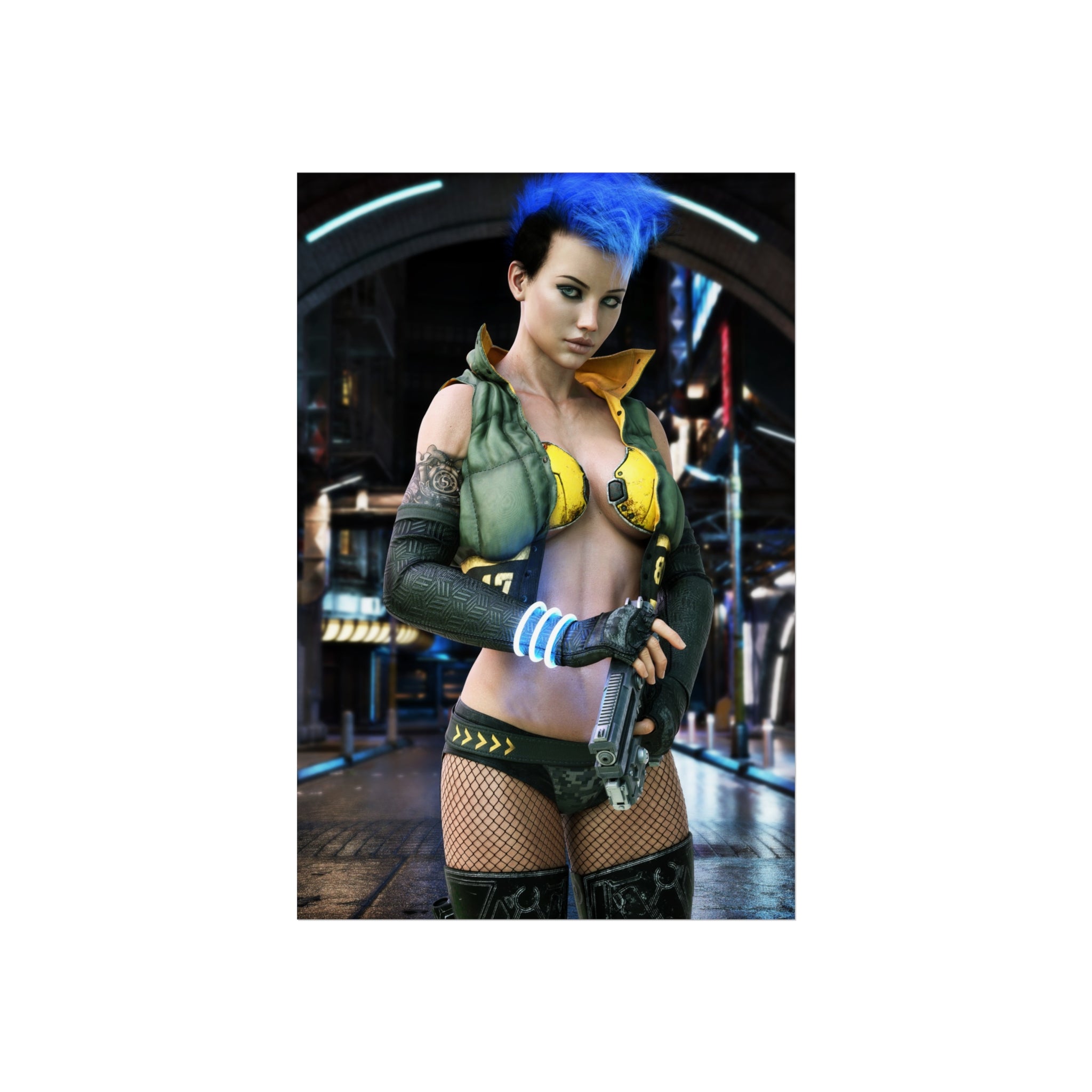 Cyberpunk Femme Fatale Fine Art Poster — Neon Future Sci‑Fi Wall Art- No AI- Human created illustration art